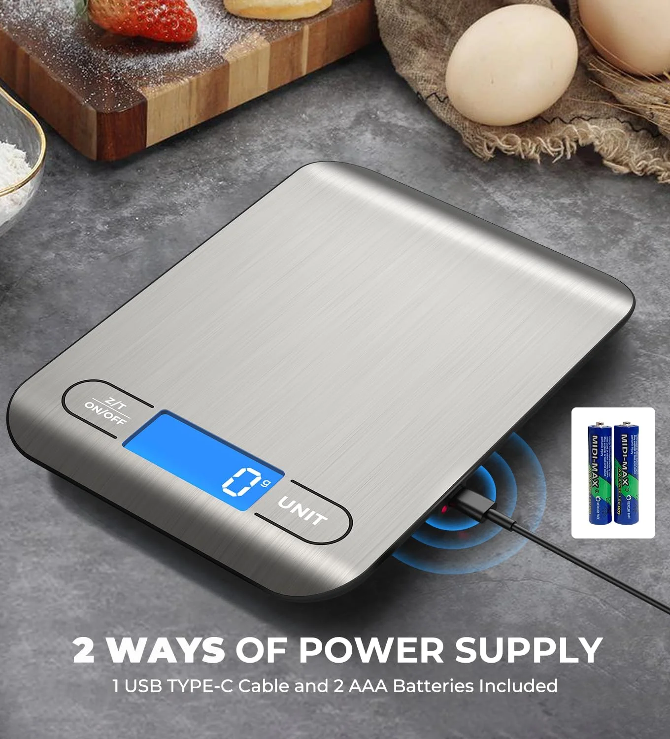 ترازوی دیجیتال آشپزخانه SPiTZE با قابلیت شارژ Type-C و باتری، ظرفیت 10 کیلوگرم/22 پوند، اندازه گیری وزن به گرم و اونس برای پخت و پز و شیرینی پزی، دقت 1 گرم/0.1 اونس، عملکرد تارا، نمایشگر LCD (نقره ای)