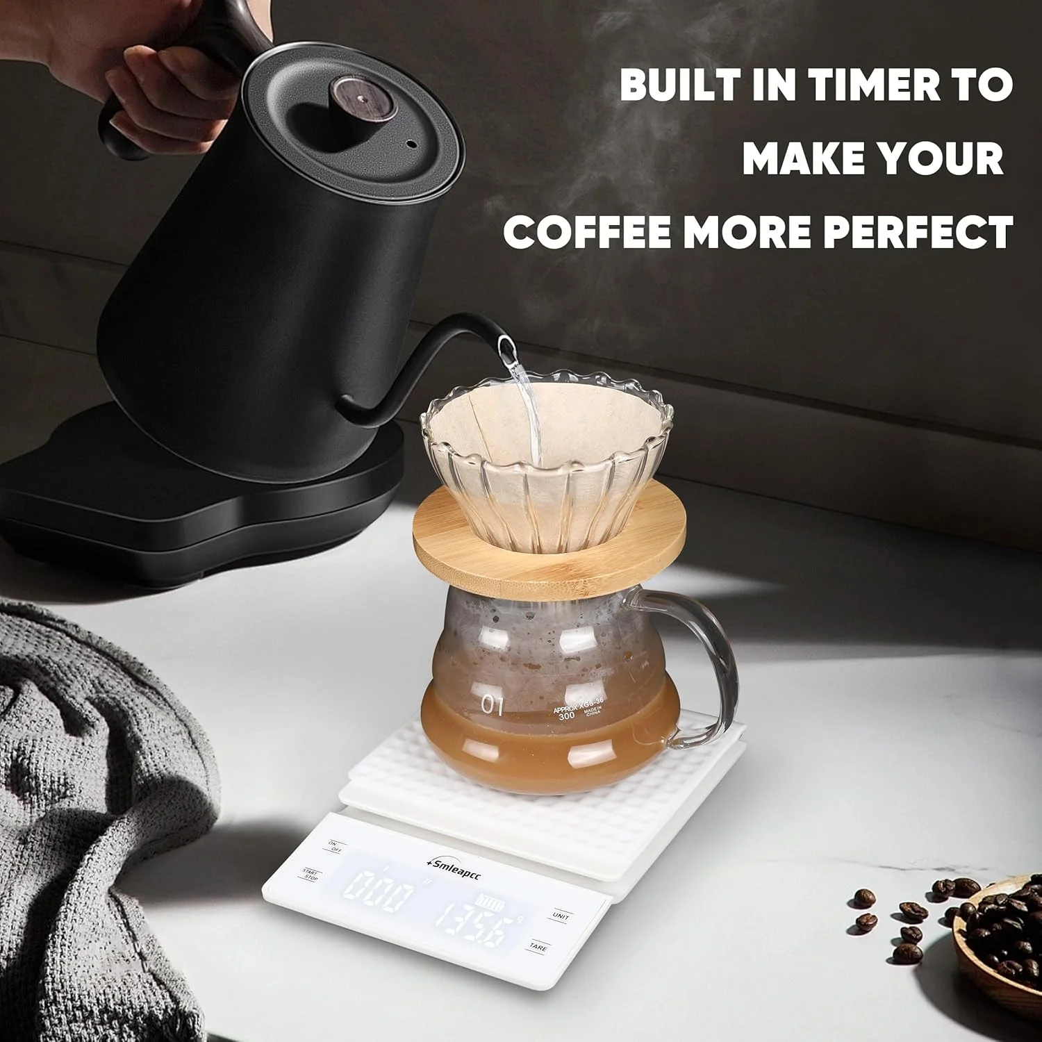 ترازوی قهوه Smleapcc با تایمر، ترازوی کوچک چند منظوره دیجیتال آشپزخانه با دقت بالا 0.1 گرم/3 کیلوگرم، ترازوی دقیق دیجیتال قهوه (سفید)