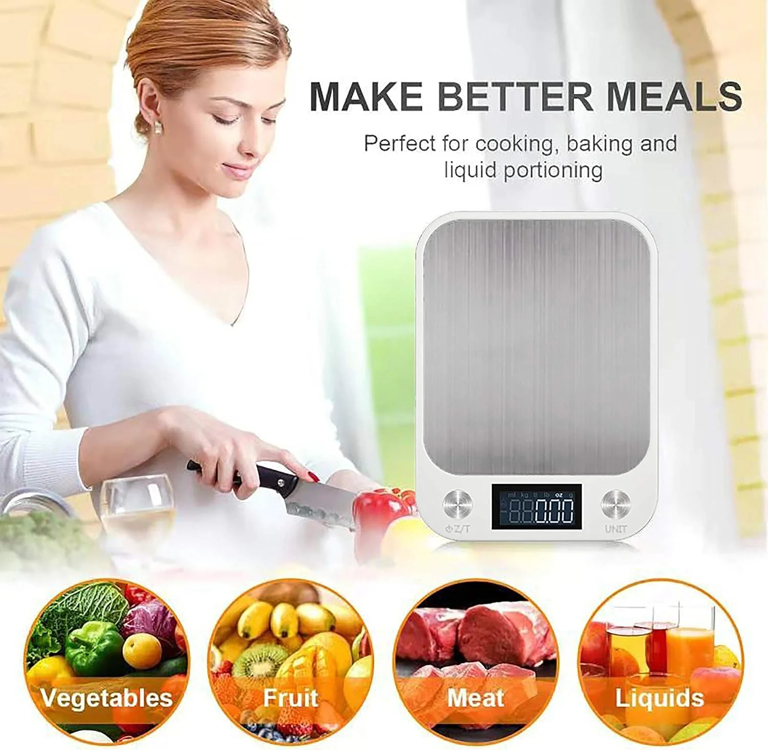 ترازوی آشپزخانه دیجیتال رویال پولار، ترازوی غذای الکترونیکی چند منظوره با دقت بالا، دارای صفحه نمایش LCD بزرگ، پلت فرم استیل ضد زنگ، فوق العاده باریک، از 5 کیلوگرم تا 15 کیلوگرم (سفید، 10)