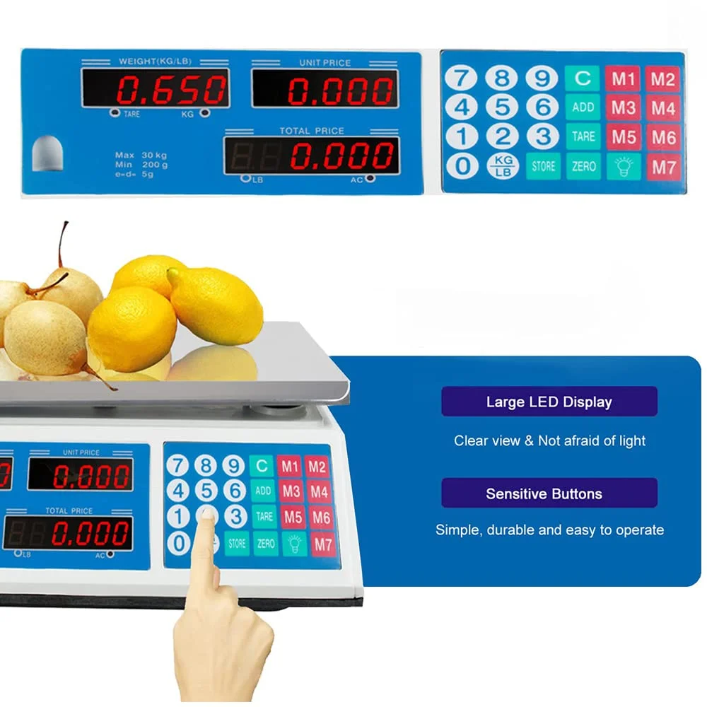 ترازوی دیجیتال تجاری جنماین 30 کیلوگرمی برای مواد غذایی، گوشت، میوه و محصولات کشاورزی، ترازوی دیجیتال مواد غذایی تجاری LCD، ترازوی محاسباتی قیمت مواد غذایی، گوشت و سبزیجات، موجودی در انبار آمریکا ترازوی دیجیتال تجاری جنماین 30 کیلوگرمی برای مواد غذایی، گوشت، میوه و محصولات کشاورزی، ترازوی دیجیتال مواد غذایی تجاری LCD، ترازوی محاسباتی قیمت مواد غذایی، گوشت و سبزیجات، موجودی در انبار آمریکا