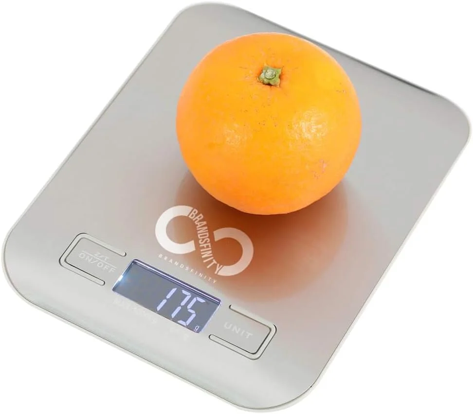 ترازوی دیجیتال آشپزخانه BRANDSFINITY با دکمه لمسی، ترازوی چند منظوره مواد غذایی با صفحه نمایش بزرگ LCD، پلت فرم استیل ضد زنگ، فوق العاده باریک، 7 تبدیل واحد، تا 10 کیلوگرم