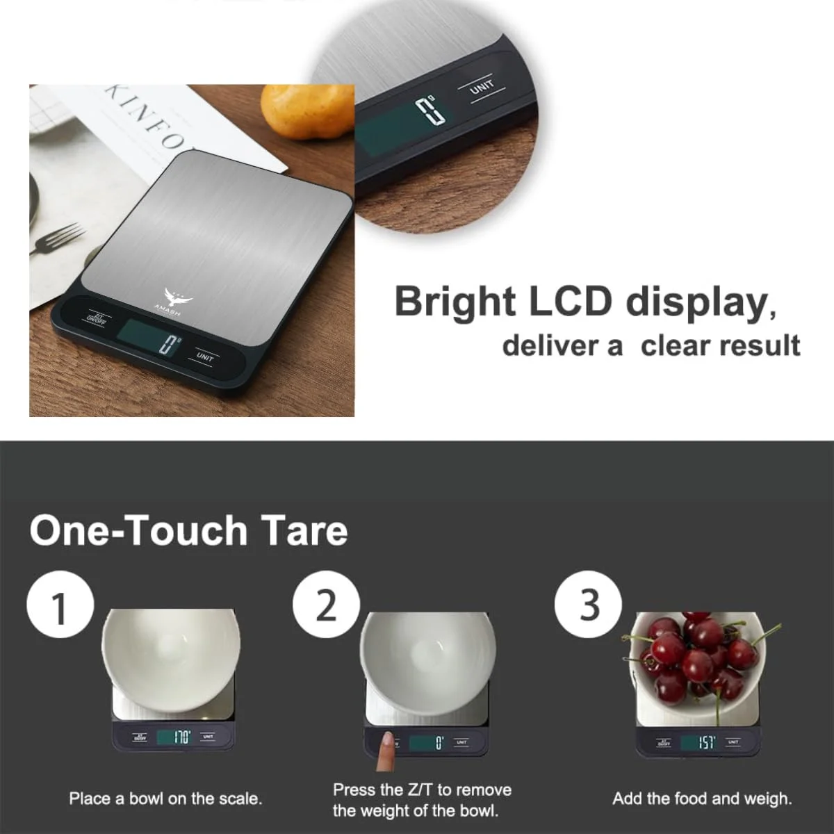ترازوی دیجیتال آشپزخانه Amash™ - ترازوی آشپزخانه با دقت بالا بر حسب گرم و اونس، 6 واحد با عملکرد تارا، سطح استیل ضد زنگ، ایده آل برای پخت و پز - نقره ای و مشکی (شامل باتری) ترازوی دیجیتال آشپزخانه Amash™ - ترازوی آشپزخانه با دقت بالا بر حسب گرم و اونس، 6 واحد با عملکرد تارا، سطح استیل ضد زنگ، ایده آل برای پخت و پز - نقره ای و مشکی (شامل باتری)