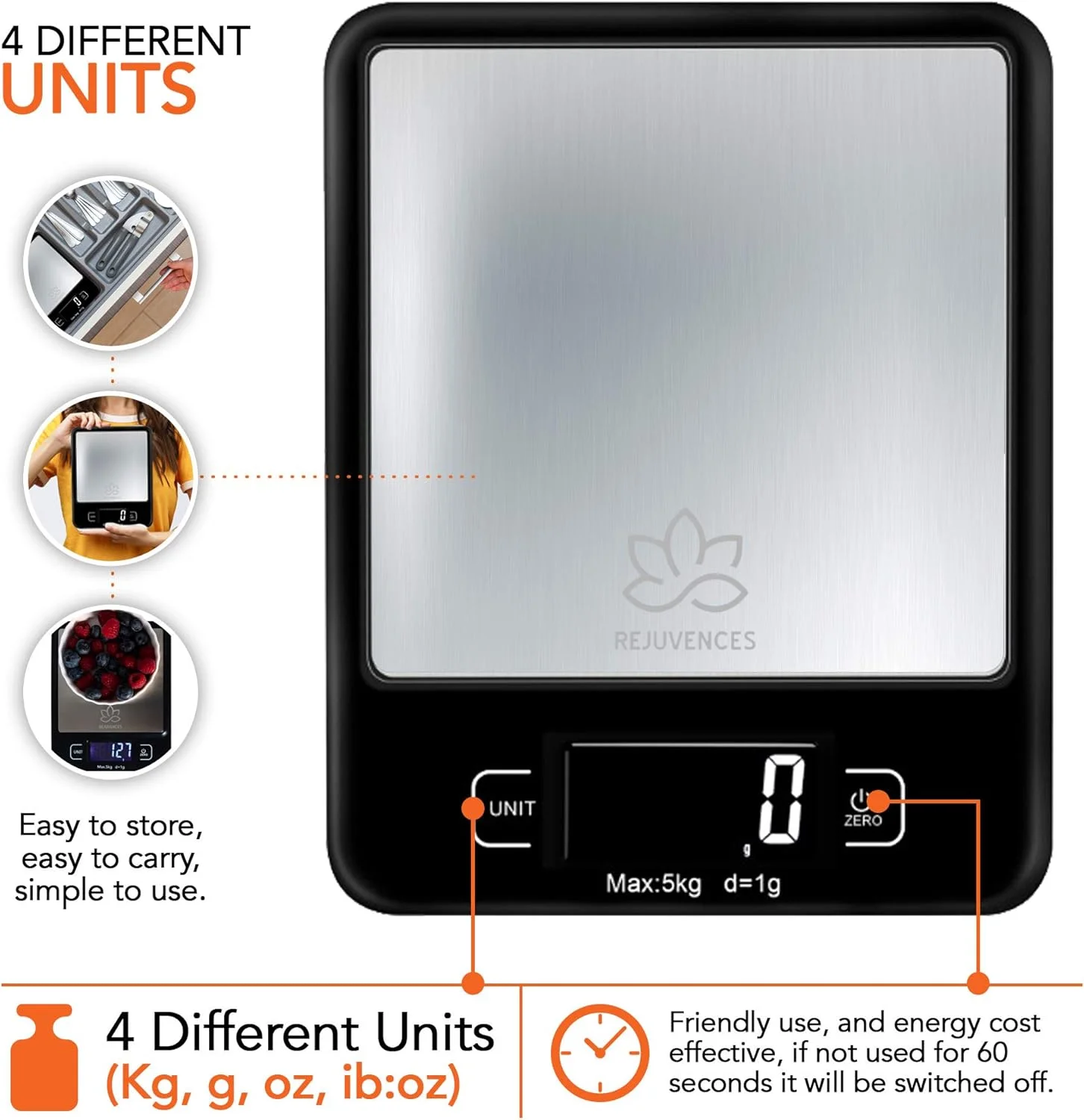 ترازوی آشپزخانه دیجیتال Rejuvences - اندازه گیری 4 واحد مختلف - استفاده آسان - اندازه گیری وزن غذا - دستور پخت - رژیم غذایی سالم - شامل باتری - سبک وزن - حمل و نگهداری آسان