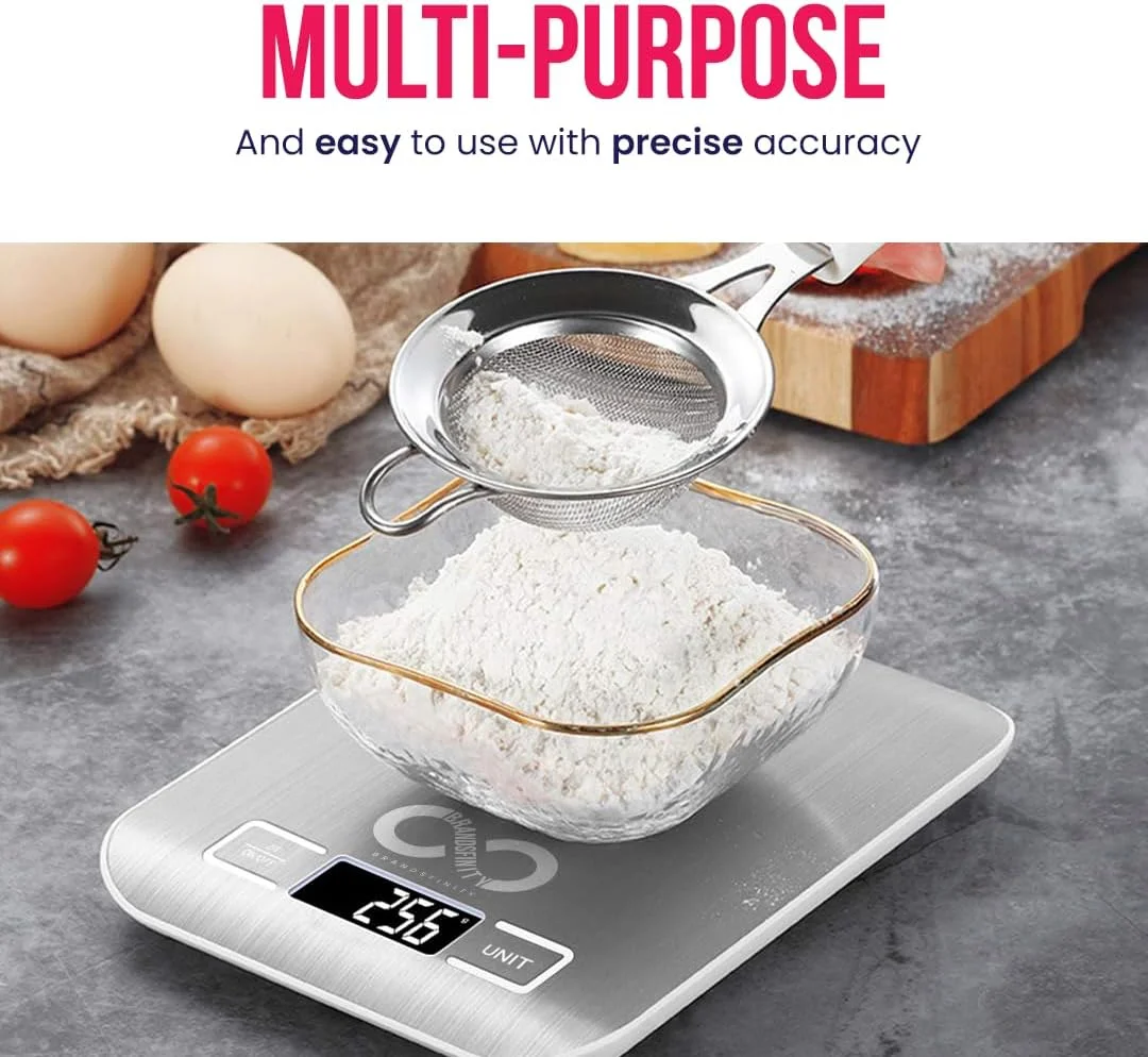 ترازوی دیجیتال آشپزخانه BRANDSFINITY با دکمه لمسی، ترازوی چند منظوره مواد غذایی با صفحه نمایش بزرگ LCD، پلت فرم استیل ضد زنگ، فوق العاده باریک، 7 تبدیل واحد، تا 10 کیلوگرم