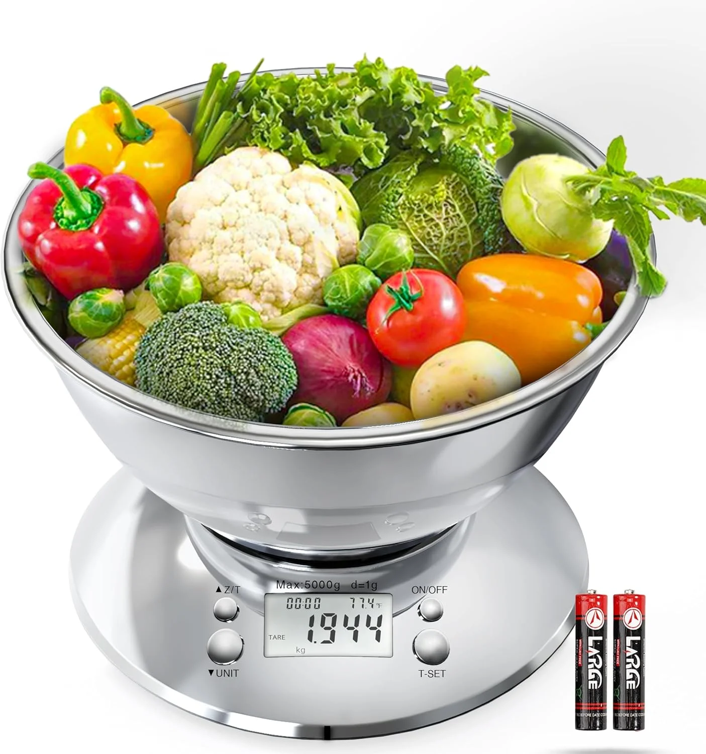 ترازوی دیجیتال آشپزخانه Azonee، ترازوی مواد غذایی آشپزخانه با کاسه، ترازوی دیجیتال استیل ضد زنگ برای کاهش وزن/پخت/آشپزی، ترازوی دیجیتال آشپزخانه با دقت 5 کیلوگرم/1 گرم، شامل 2 عدد باتری AAA