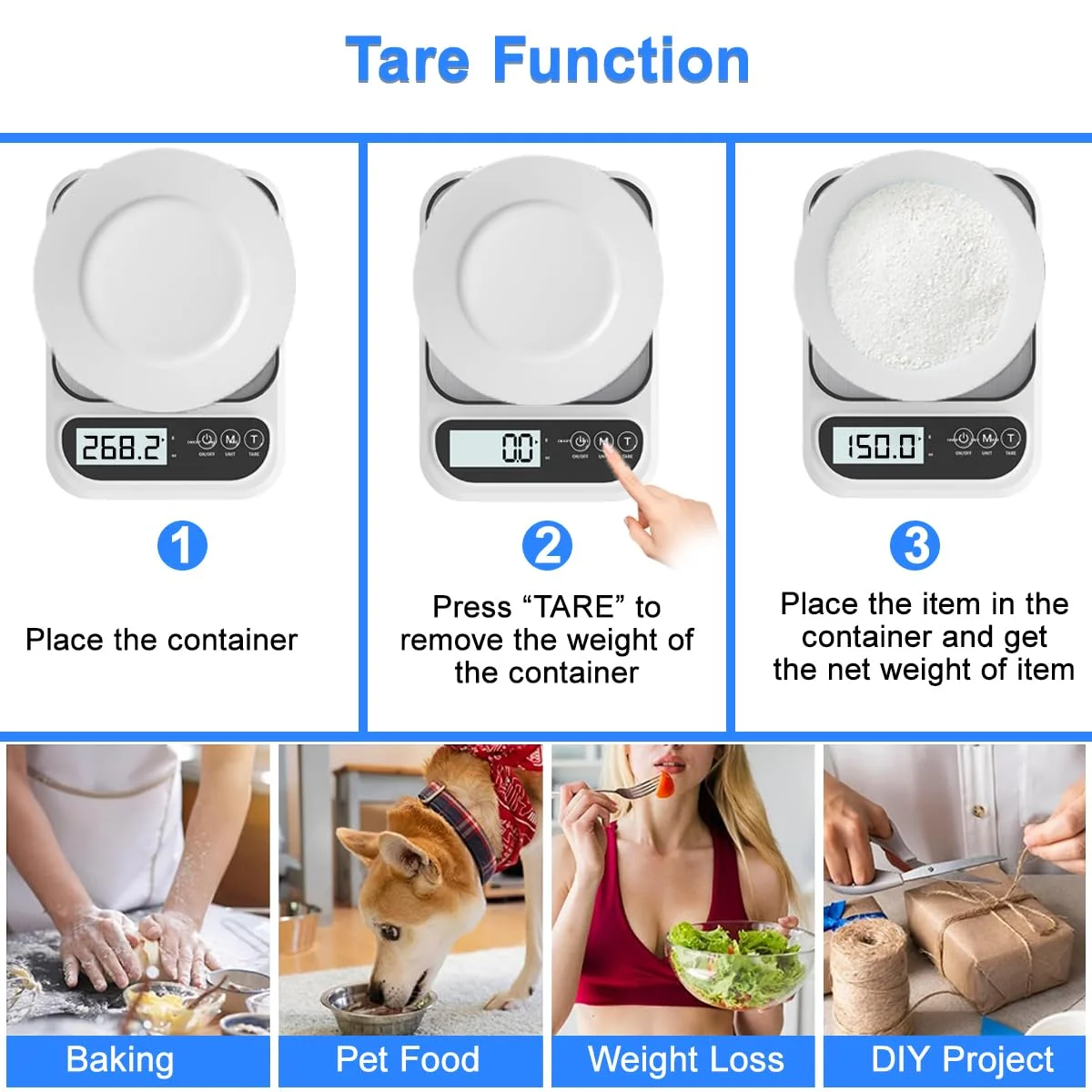 ترازوی آشپزخانه دیجیتال Gluckluz با دقت 0.1 گرم، ترازوی غذای الکترونیکی با ظرفیت 3 کیلوگرم، ترازوی توزین با پلتفرم استیل ضد زنگ و عملکرد تارا برای پخت و پز، رژیم غذایی (با باتری)