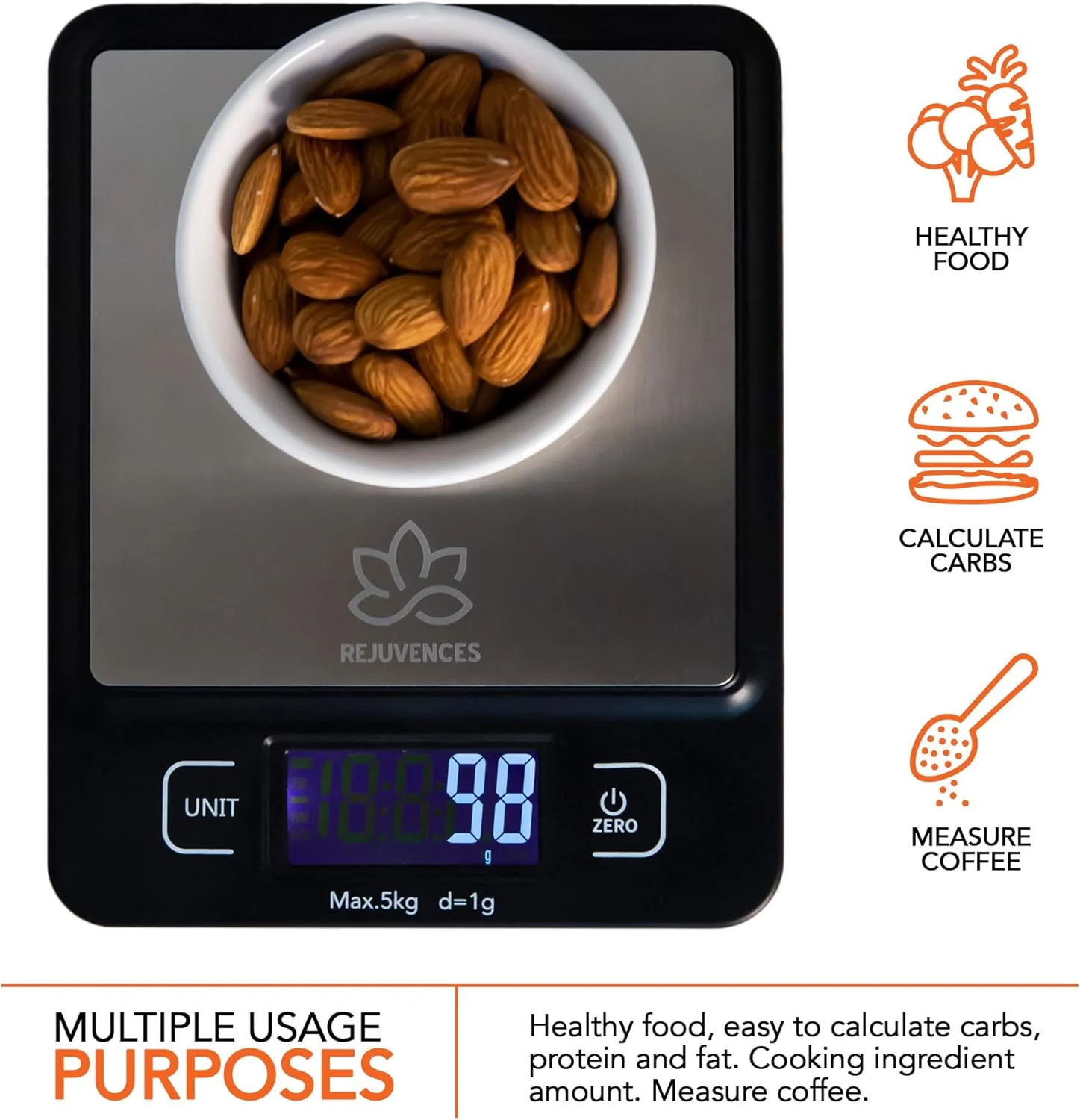 ترازوی آشپزخانه دیجیتال Rejuvences - اندازه گیری 4 واحد مختلف - استفاده آسان - اندازه گیری وزن غذا - دستور پخت - رژیم غذایی سالم - شامل باتری - سبک وزن - حمل و نگهداری آسان