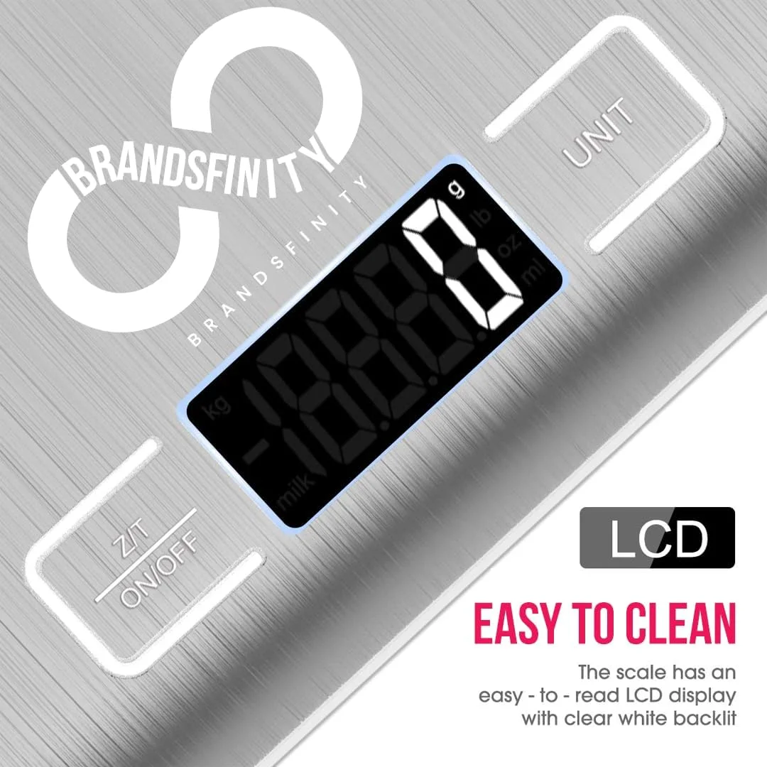 ترازوی دیجیتال آشپزخانه BRANDSFINITY با دکمه لمسی، ترازوی چند منظوره مواد غذایی با صفحه نمایش بزرگ LCD، پلت فرم استیل ضد زنگ، فوق العاده باریک، 7 تبدیل واحد، تا 10 کیلوگرم