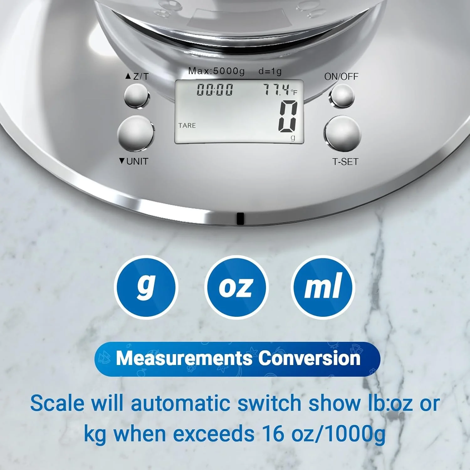ترازوی دیجیتال آشپزخانه Azonee، ترازوی مواد غذایی آشپزخانه با کاسه، ترازوی دیجیتال استیل ضد زنگ برای کاهش وزن/پخت/آشپزی، ترازوی دیجیتال آشپزخانه با دقت 5 کیلوگرم/1 گرم، شامل 2 عدد باتری AAA