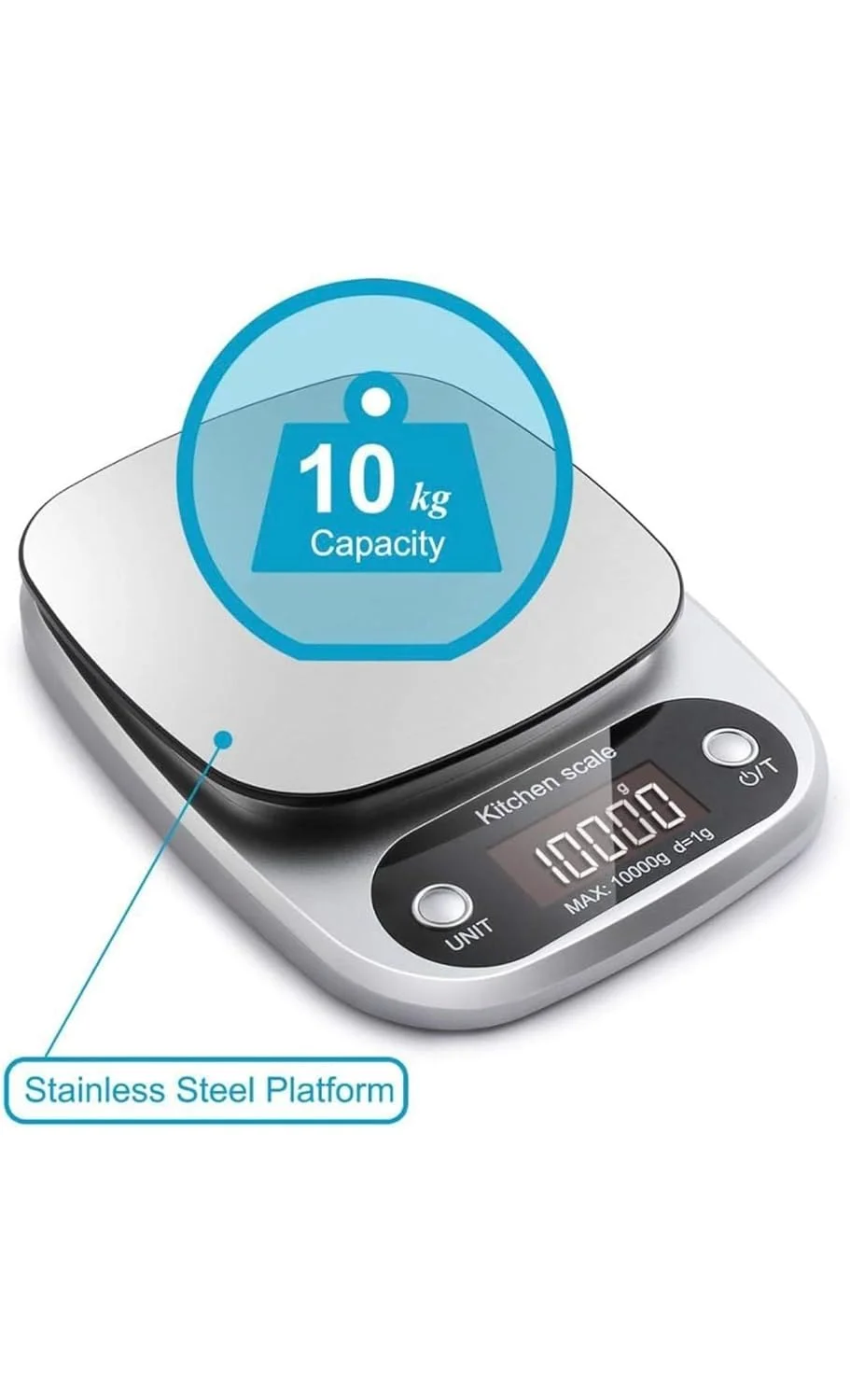 ترازوی دیجیتال آشپزخانه 1 گرم تا 10 کیلوگرم - نمایشگر LCD - ترازوی توزین مواد غذایی برای پخت و پز، شیرینی پزی و رژیم غذایی - جمع و جور، با باتری کار می کند - دقیق و تمیز کردن آسان - سازگار با امارات