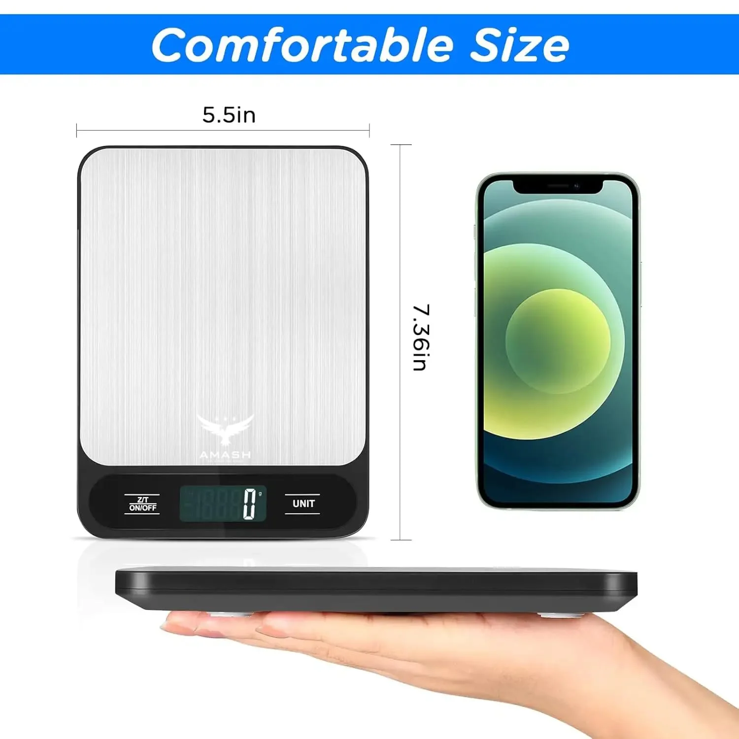 ترازوی دیجیتال آشپزخانه Amash™ - ترازوی آشپزخانه با دقت بالا بر حسب گرم و اونس، 6 واحد با عملکرد تارا، سطح استیل ضد زنگ، ایده آل برای پخت و پز - نقره ای و مشکی (شامل باتری) ترازوی دیجیتال آشپزخانه Amash™ - ترازوی آشپزخانه با دقت بالا بر حسب گرم و اونس، 6 واحد با عملکرد تارا، سطح استیل ضد زنگ، ایده آل برای پخت و پز - نقره ای و مشکی (شامل باتری)