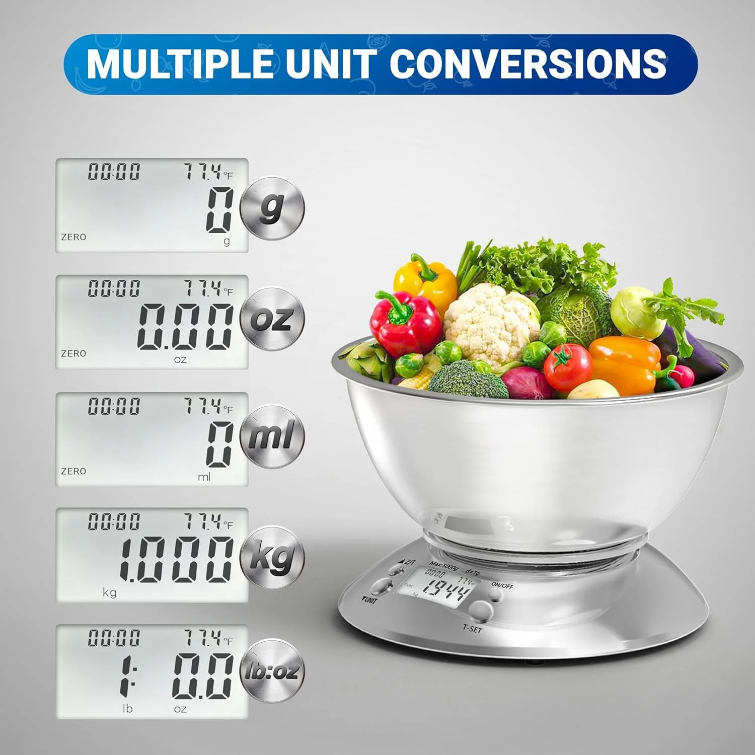 ترازوی دیجیتال آشپزخانه Azonee، ترازوی مواد غذایی آشپزخانه با کاسه، ترازوی دیجیتال استیل ضد زنگ برای کاهش وزن/پخت/آشپزی، ترازوی دیجیتال آشپزخانه با دقت 5 کیلوگرم/1 گرم، شامل 2 عدد باتری AAA