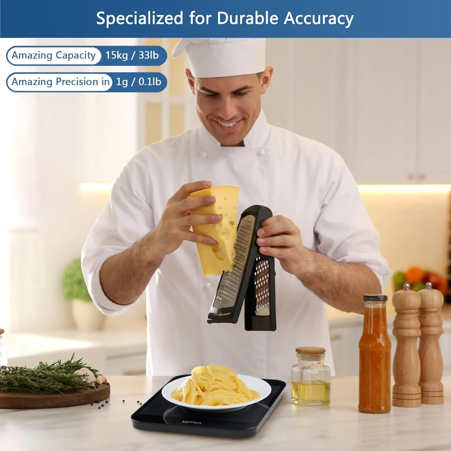 ترازوی آشپزخانه ویتافیت با دقت 1 گرم/0.1 اونس، ظرفیت 15 کیلوگرم، دقت بالا، مناسب برای پخت و پز و شیرینی پزی، نمایشگر LED، مشکی