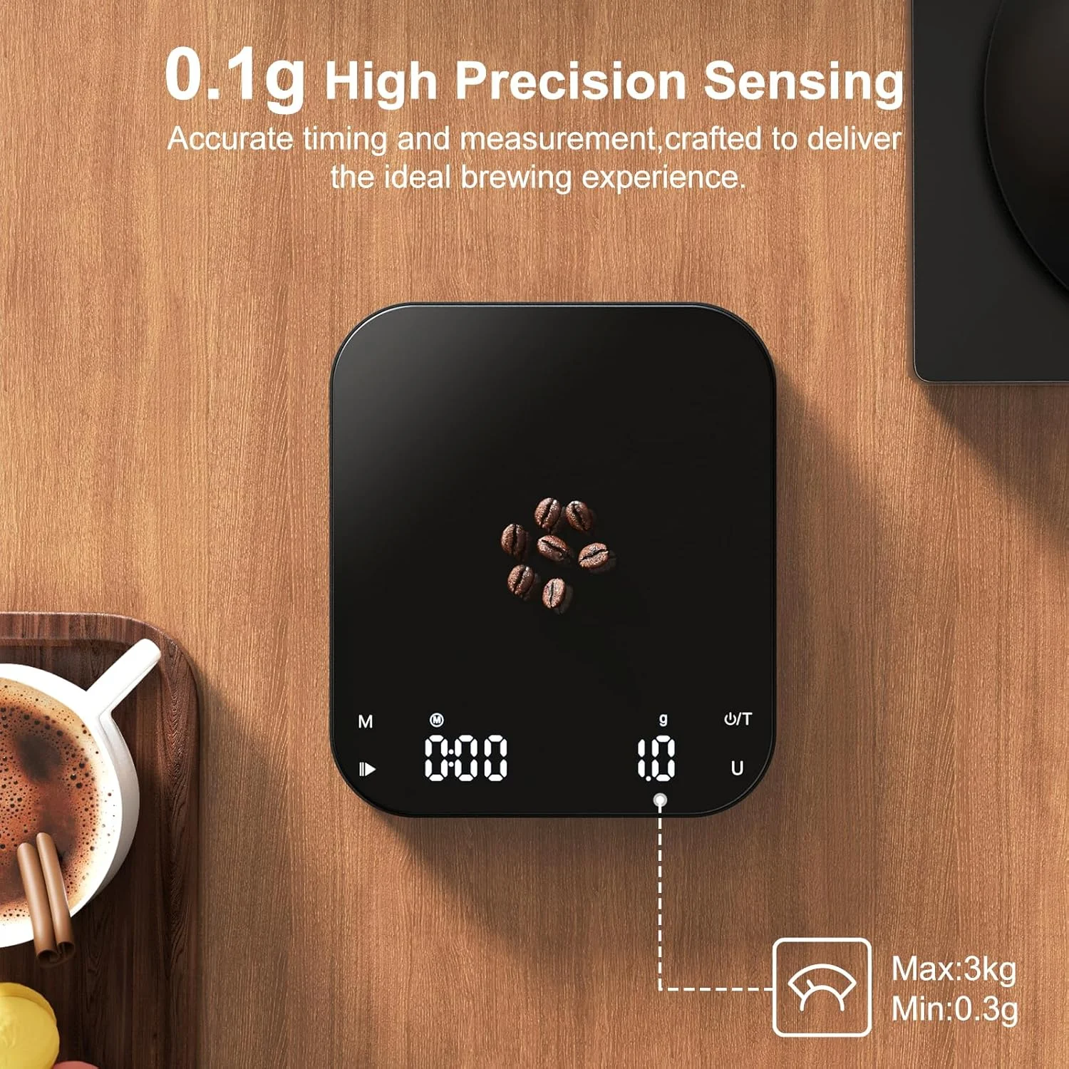 ترازوی قهوه التریان با تایمر، 3 کیلوگرم/0.1 گرم ترازوی اسپرسو قطره ای با دقت بالا با صفر کننده خودکار، ترازوی غذای آشپزخانه قابل شارژ با LED دیجیتال، سنسور لمسی و پوشش سیلیکونی، 6 واحد