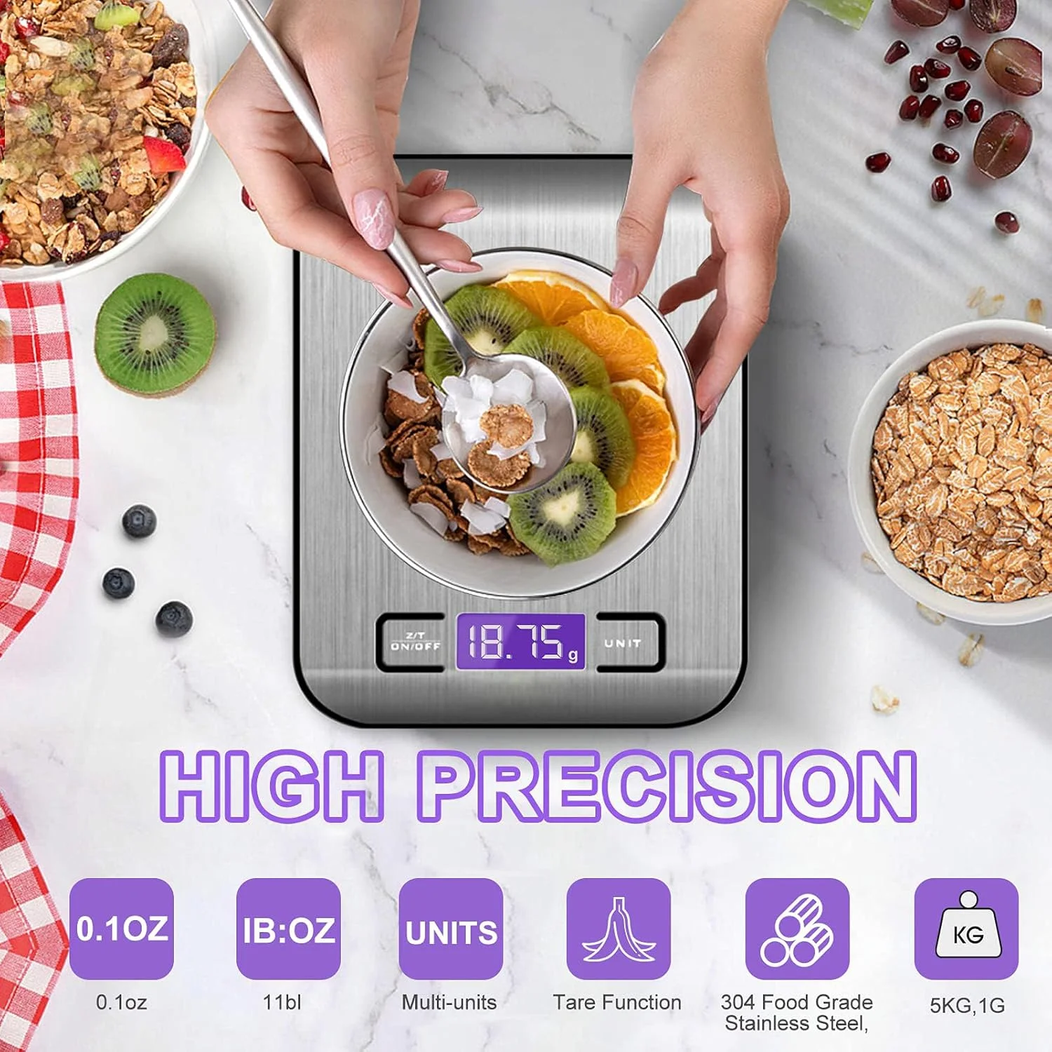 ترازوی دیجیتال آشپزخانه، ظرفیت 5 کیلوگرم/11 پوند، ترازوی چند منظوره مواد غذایی برای پخت و پز و شیرینی پزی، صفحه استیل ضد زنگ با LCD دارای نور پس زمینه، باتری ها شامل می شوند - نقره ای