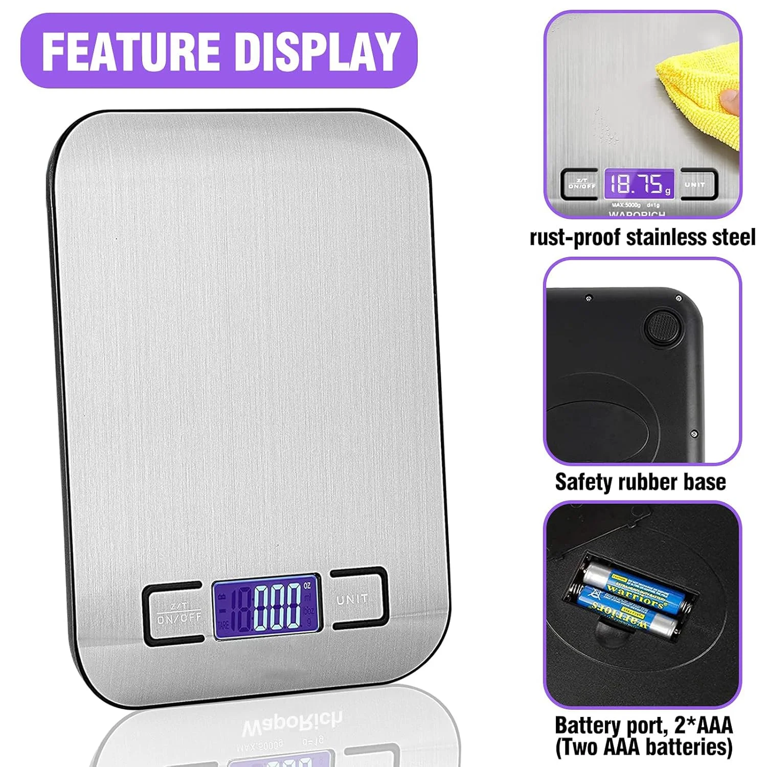 ترازوی دیجیتال آشپزخانه، ظرفیت 5 کیلوگرم/11 پوند، ترازوی چند منظوره مواد غذایی برای پخت و پز و شیرینی پزی، صفحه استیل ضد زنگ با LCD دارای نور پس زمینه، باتری ها شامل می شوند - نقره ای