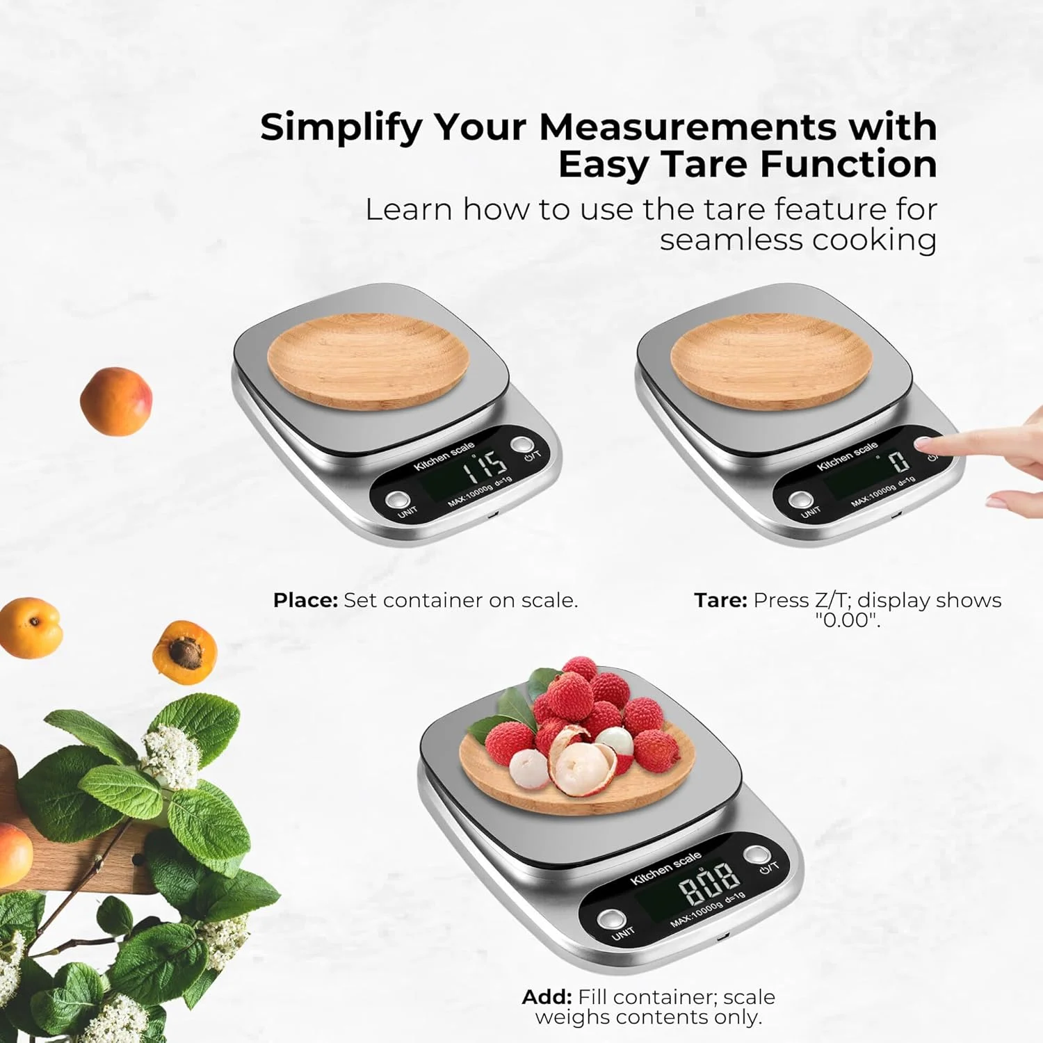 ترازوی آشپزخانه دیجیتال با دقت بالا WELU - ترازوی الکترونیکی چند منظوره مواد غذایی با دقت بالا تا ظرفیت 10 کیلوگرم/22 پوند، طراحی استیل ضد زنگ - صفحه نمایش LCD بزرگ برای پخت و پز