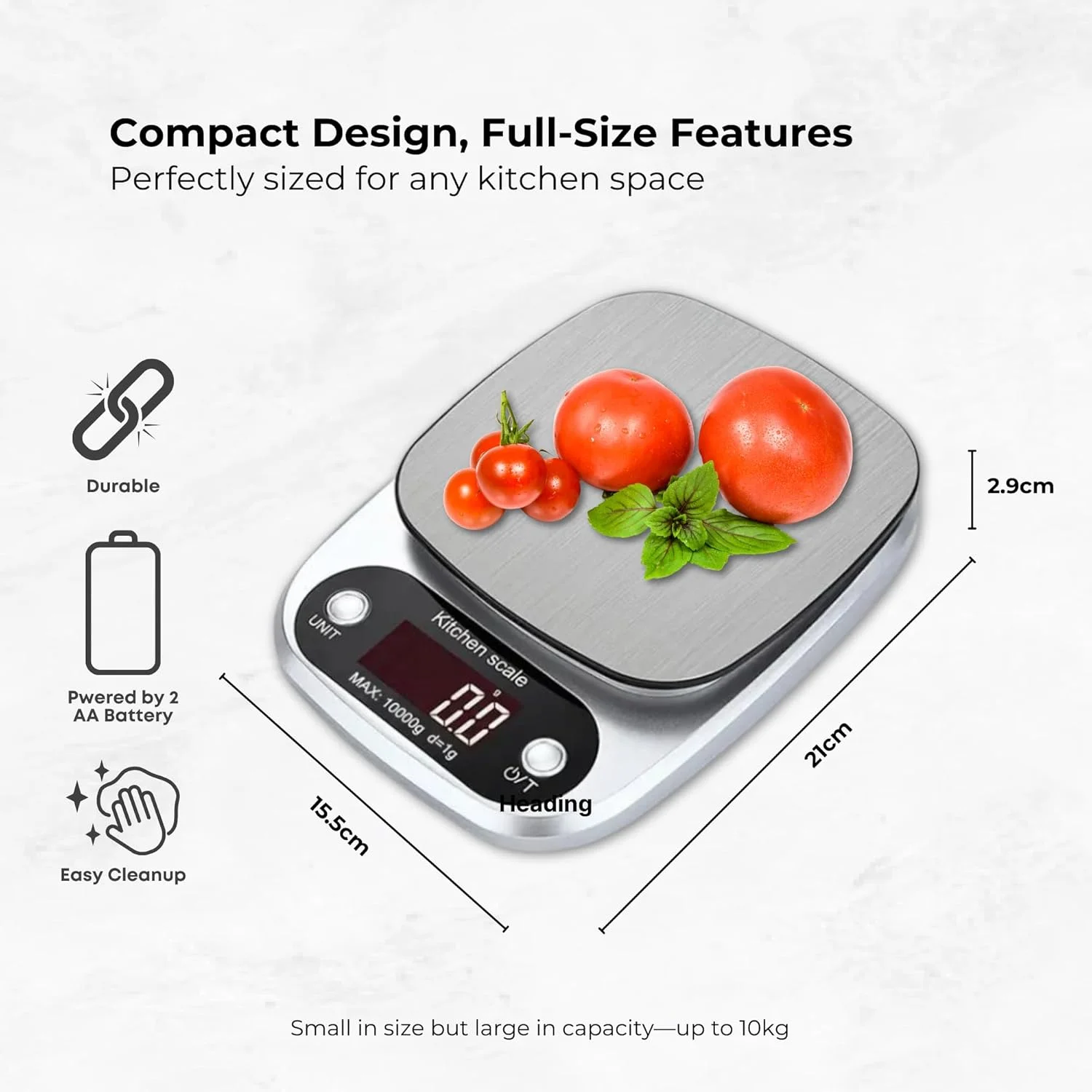 ترازوی آشپزخانه دیجیتال با دقت بالا WELU - ترازوی الکترونیکی چند منظوره مواد غذایی با دقت بالا تا ظرفیت 10 کیلوگرم/22 پوند، طراحی استیل ضد زنگ - صفحه نمایش LCD بزرگ برای پخت و پز