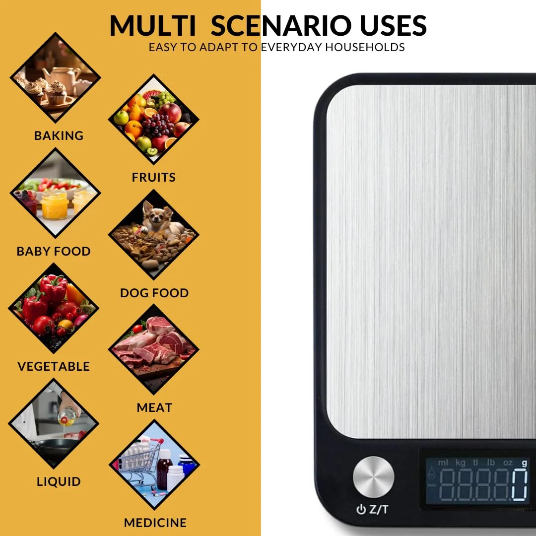 ترازوی آشپزخانه دیجیتال کوچک MULTI BLISS® با دقت بالا 10 کیلوگرم/10000 گرم، ترازوی چند منظوره برای وزن کردن مواد غذایی، ترازوی الکترونیکی قهوه و جواهرات، دارای 7 سنسور وزن، صفحه نمایش LCD، استیل ضد زنگ باریک و دارای عملکرد تارا