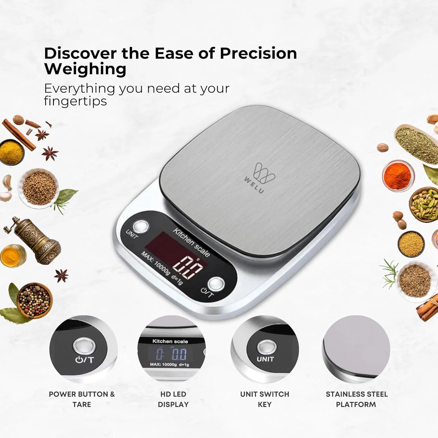 ترازوی آشپزخانه دیجیتال با دقت بالا WELU - ترازوی الکترونیکی چند منظوره مواد غذایی با دقت بالا تا ظرفیت 10 کیلوگرم/22 پوند، طراحی استیل ضد زنگ - صفحه نمایش LCD بزرگ برای پخت و پز