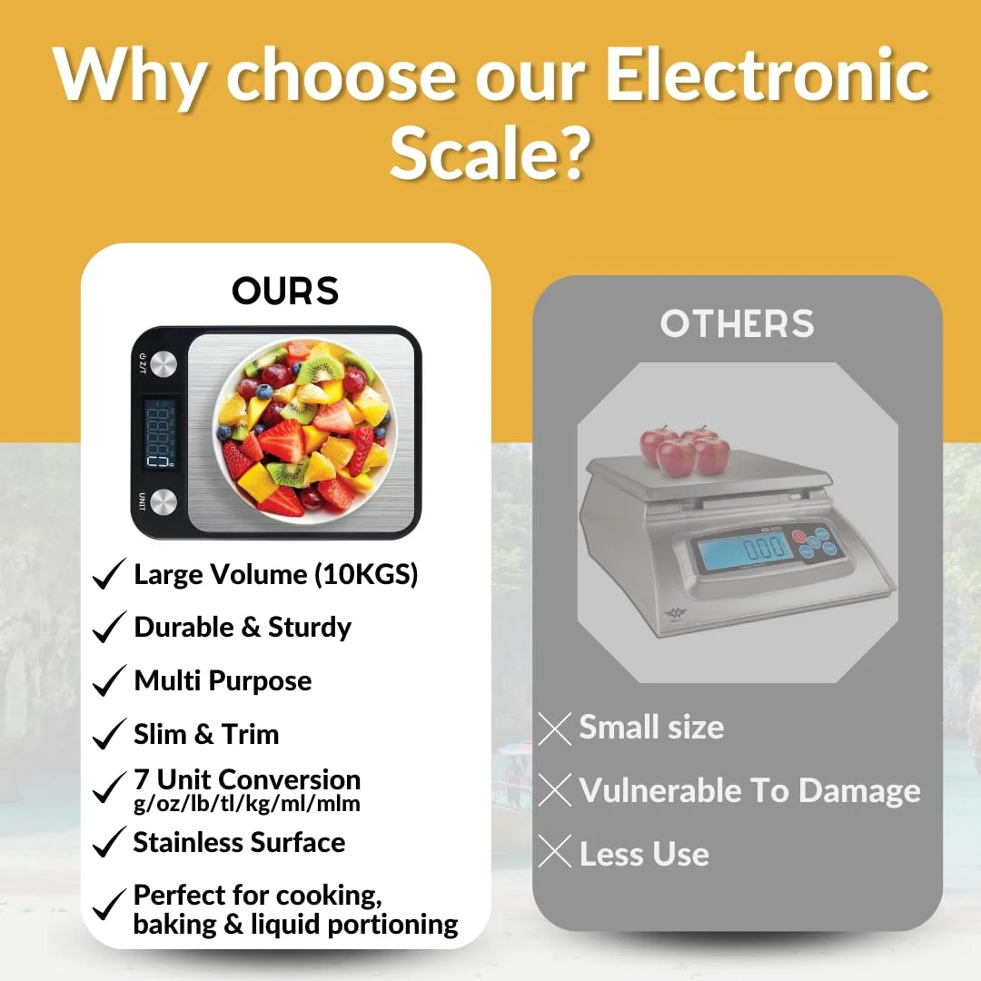 ترازوی آشپزخانه دیجیتال کوچک MULTI BLISS® با دقت بالا 10 کیلوگرم/10000 گرم، ترازوی چند منظوره برای وزن کردن مواد غذایی، ترازوی الکترونیکی قهوه و جواهرات، دارای 7 سنسور وزن، صفحه نمایش LCD، استیل ضد زنگ باریک و دارای عملکرد تارا