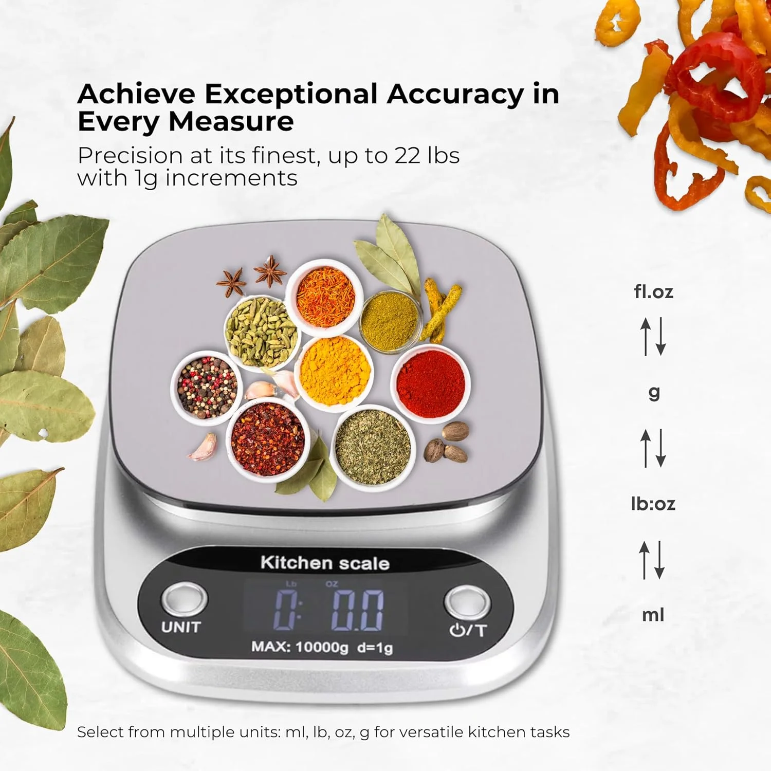 ترازوی آشپزخانه دیجیتال با دقت بالا WELU - ترازوی الکترونیکی چند منظوره مواد غذایی با دقت بالا تا ظرفیت 10 کیلوگرم/22 پوند، طراحی استیل ضد زنگ - صفحه نمایش LCD بزرگ برای پخت و پز