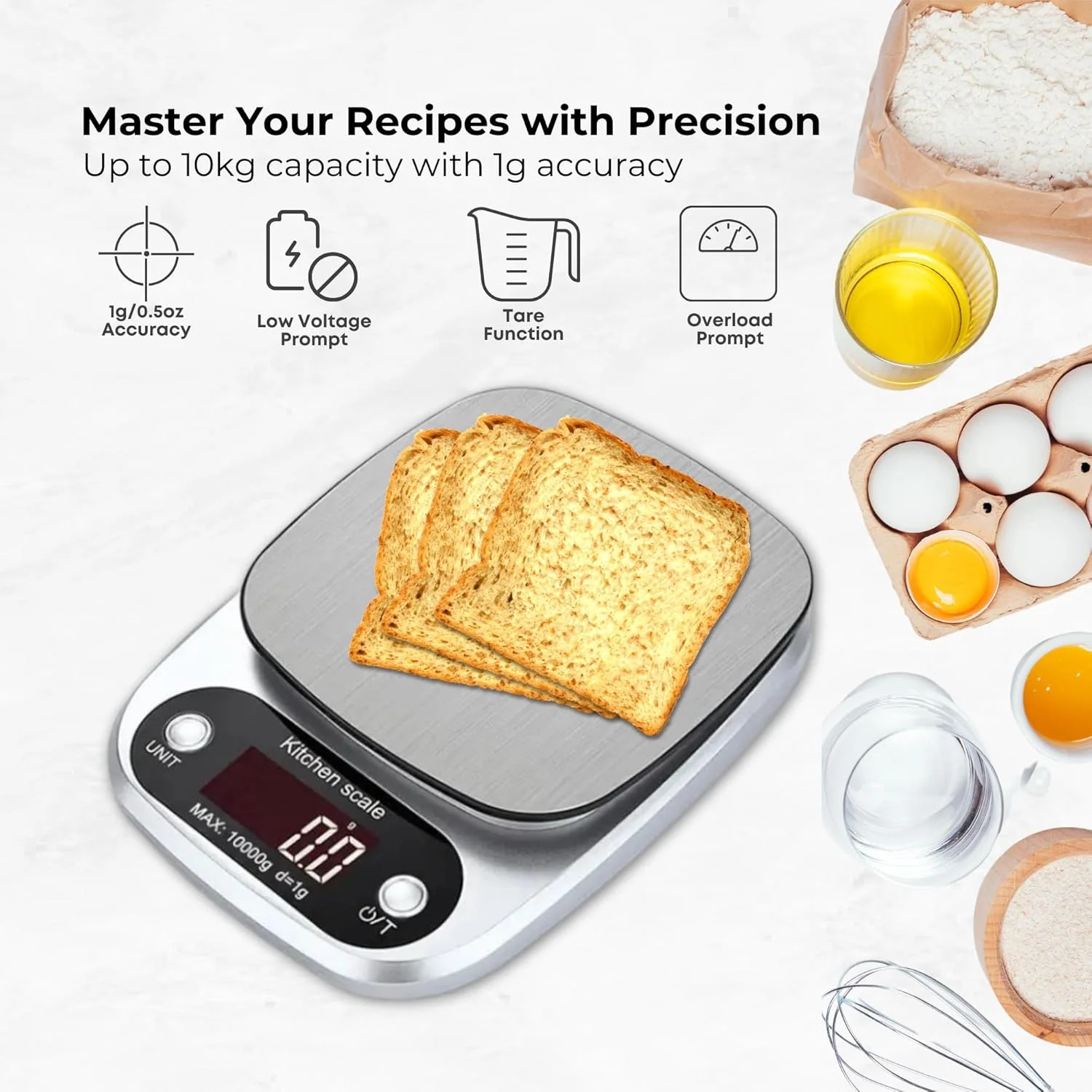 ترازوی آشپزخانه دیجیتال با دقت بالا WELU - ترازوی الکترونیکی چند منظوره مواد غذایی با دقت بالا تا ظرفیت 10 کیلوگرم/22 پوند، طراحی استیل ضد زنگ - صفحه نمایش LCD بزرگ برای پخت و پز