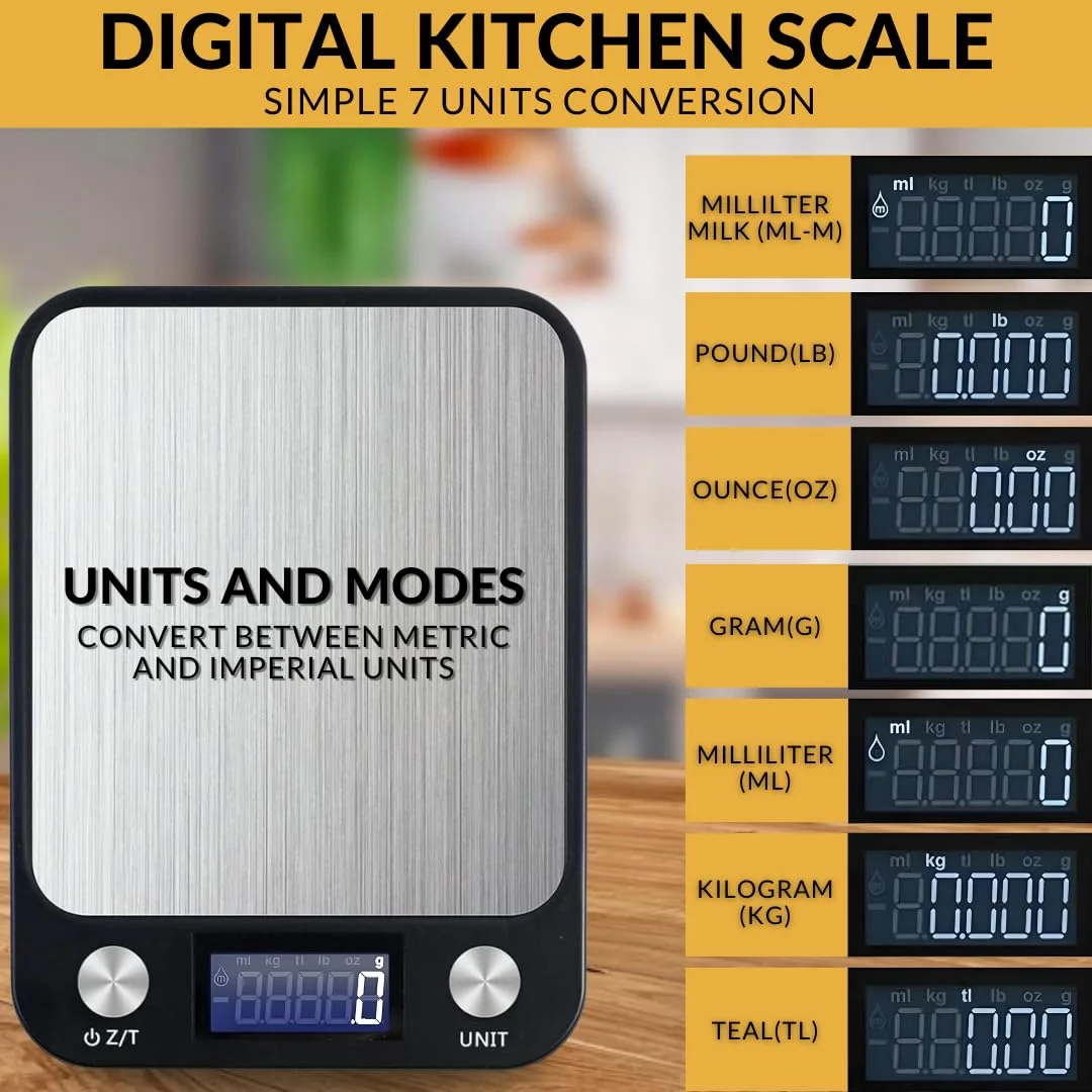 ترازوی آشپزخانه دیجیتال کوچک MULTI BLISS® با دقت بالا 10 کیلوگرم/10000 گرم، ترازوی چند منظوره برای وزن کردن مواد غذایی، ترازوی الکترونیکی قهوه و جواهرات، دارای 7 سنسور وزن، صفحه نمایش LCD، استیل ضد زنگ باریک و دارای عملکرد تارا