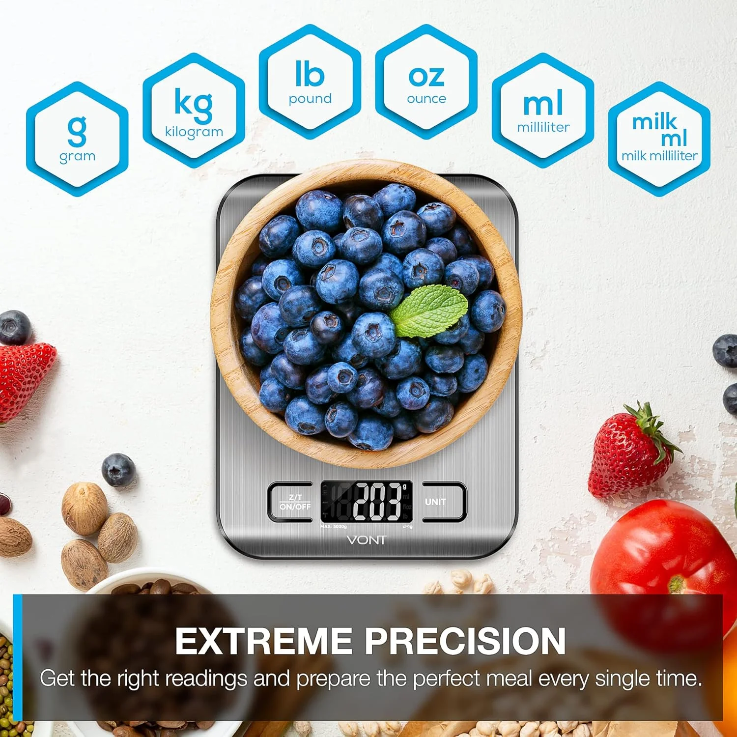 ترازوی آشپزخانه Vont 'Milo'، ترازوی مواد غذایی، ترازوی دیجیتال با صفحه نمایش LCD زیبا، 5 واحد اندازه گیری، ترازوی گرمی مورد استفاده برای کاهش وزن، پخت و پز، استیل ضد زنگ درجه 304 (شامل باتری) ترازوی آشپزخانه Vont 'Milo'، ترازوی مواد غذایی، ترازوی دیجیتال با صفحه نمایش LCD زیبا، 5 واحد اندازه گیری، ترازوی گرمی مورد استفاده برای کاهش وزن، پخت و پز، استیل ضد زنگ درجه 304 (شامل باتری)