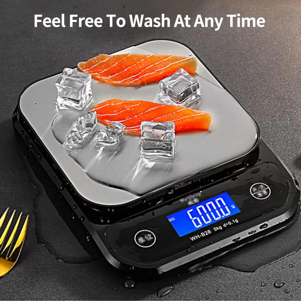 ترازوی غذای ضد آب IP67، دقت بالا 0.01oz/0.1g، ترازوی آشپزی الکترونیکی 11lb/5kg، قابل شستشو، پلت فرم توزین استیل ضد زنگ، ترازوی دیجیتال آشپزخانه قابل شارژ USB برای پخت و پز، شیرینی پزی و غیره.