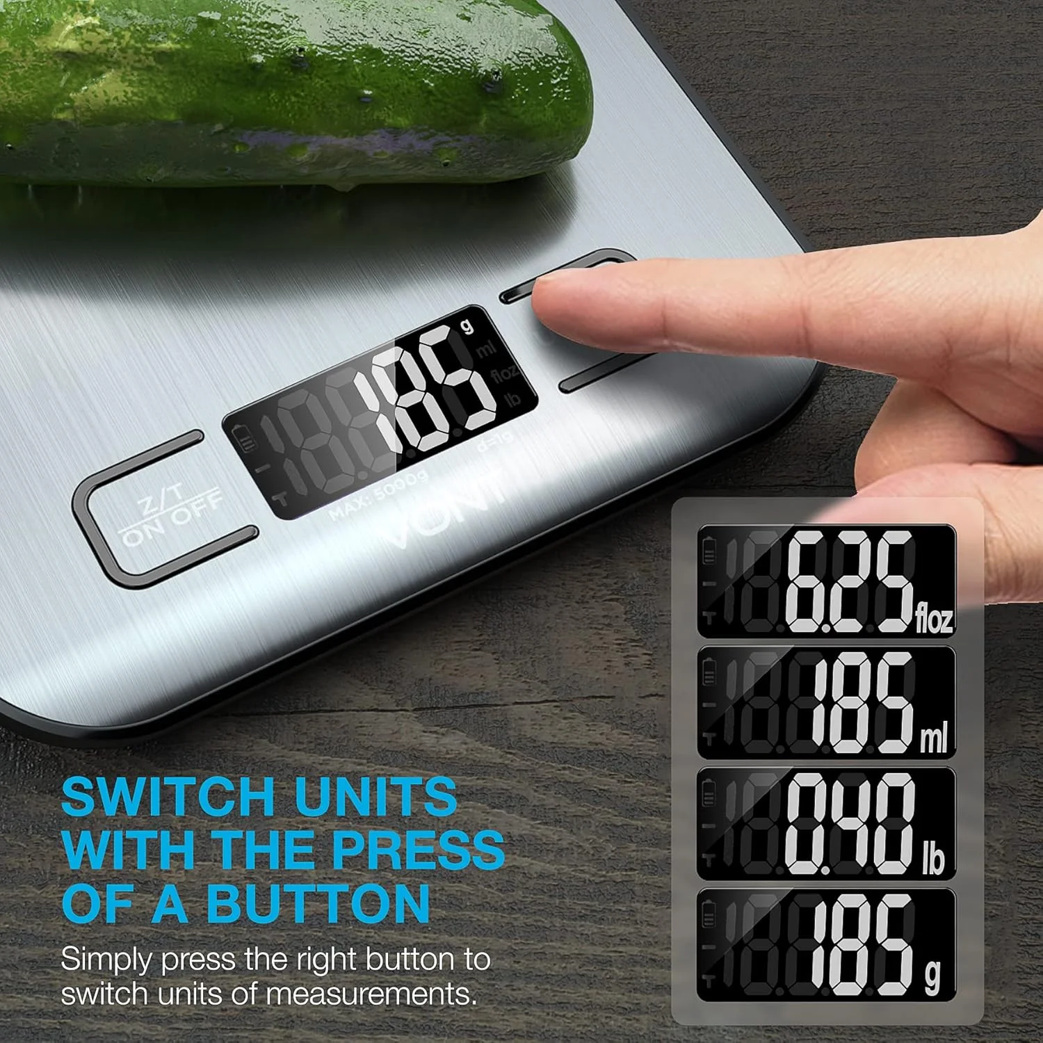 ترازوی آشپزخانه Vont 'Milo'، ترازوی مواد غذایی، ترازوی دیجیتال با صفحه نمایش LCD زیبا، 5 واحد اندازه گیری، ترازوی گرمی مورد استفاده برای کاهش وزن، پخت و پز، استیل ضد زنگ درجه 304 (شامل باتری) ترازوی آشپزخانه Vont 'Milo'، ترازوی مواد غذایی، ترازوی دیجیتال با صفحه نمایش LCD زیبا، 5 واحد اندازه گیری، ترازوی گرمی مورد استفاده برای کاهش وزن، پخت و پز، استیل ضد زنگ درجه 304 (شامل باتری)