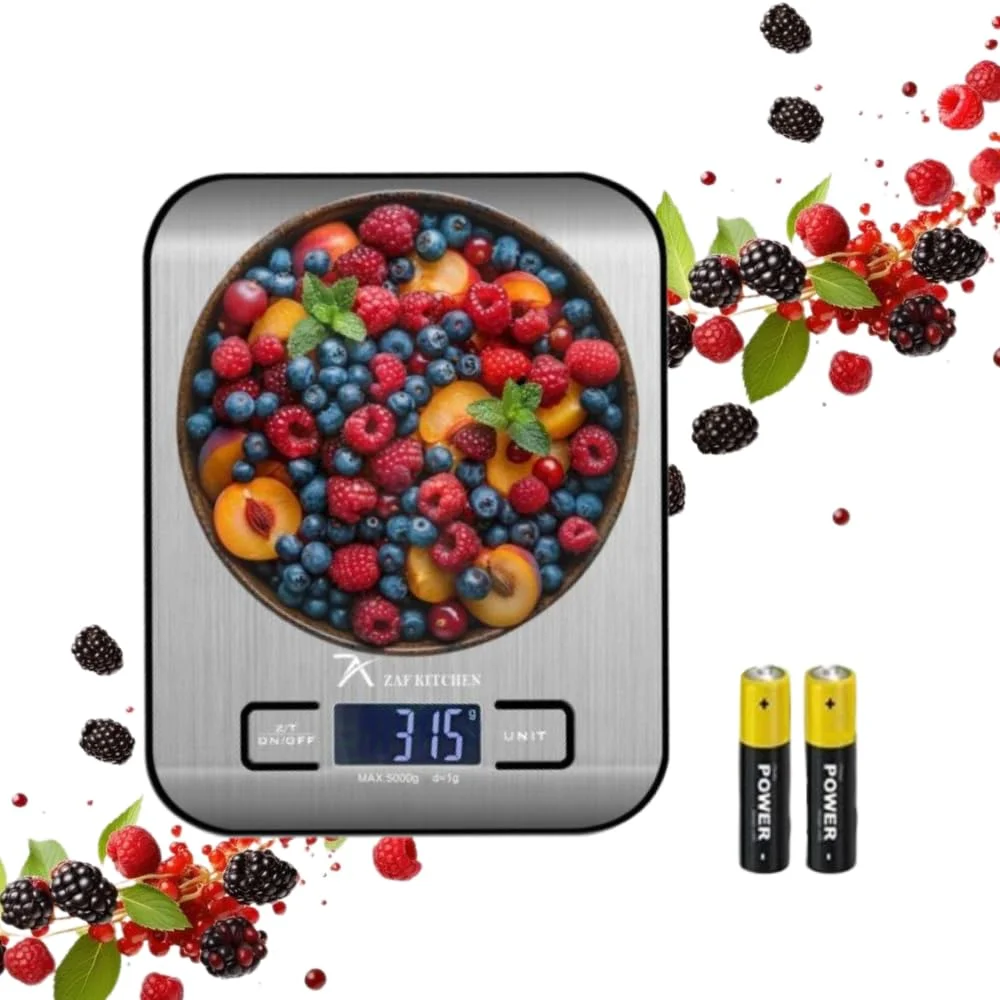 ترازوی دیجیتال آشپزخانه 5 کیلوگرمی – استیل ضد زنگ، مناسب پخت و پز و قهوه – دارای 4 سنسور، صفر کننده خودکار، خاموش شدن خودکار – به همراه باتری