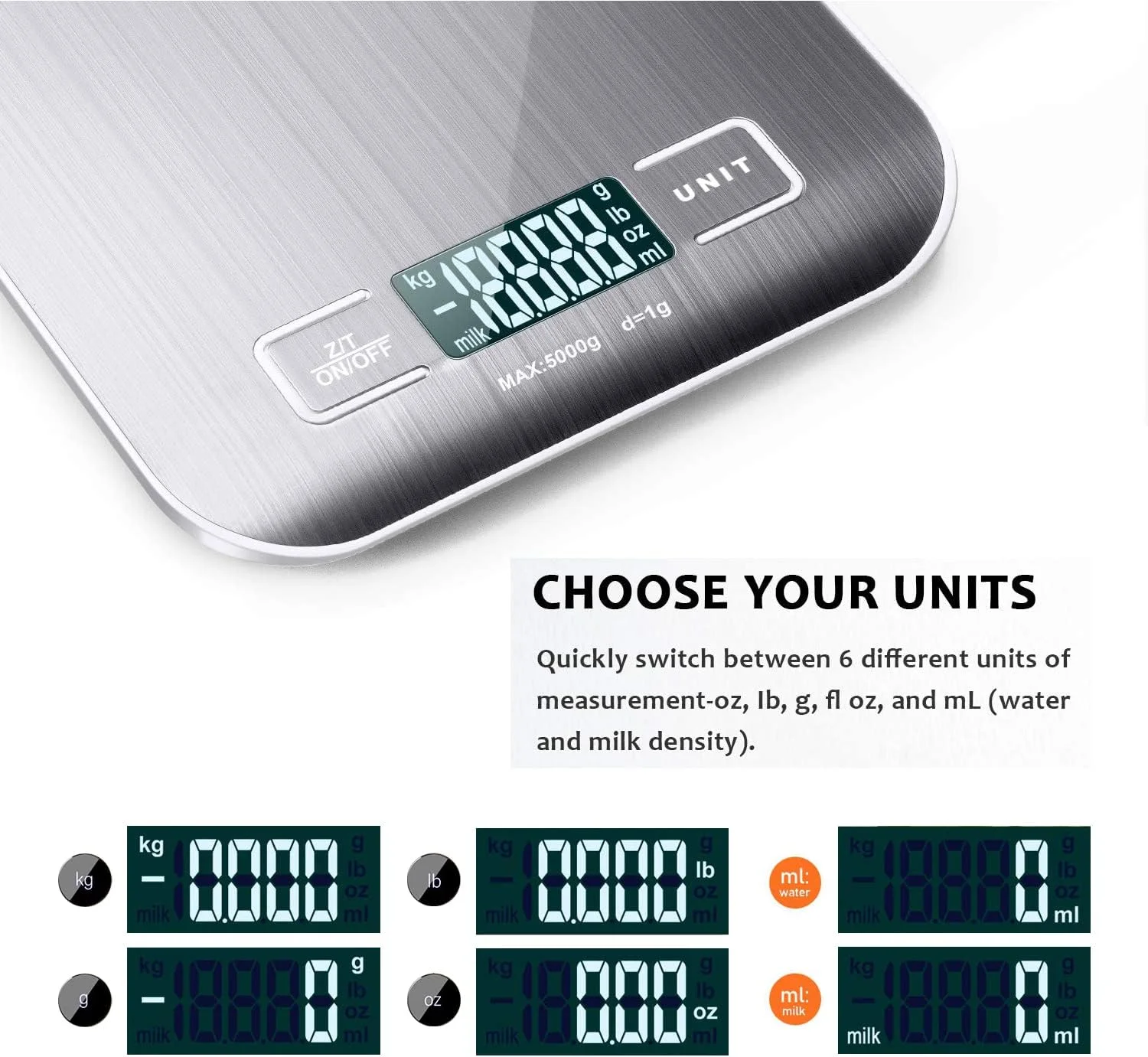 ترازوی آشپزخانه دیجیتال ECVV، ظرفیت 5 کیلوگرم برای پخت و پز، اندازه گیری مواد غذایی، گرم، پوند، اونس، میلی لیتر، کیلوگرم، شیر، استیل ضد زنگ، نقره ای، مدل CX2012-5KG ترازوی آشپزخانه دیجیتال ECVV، ظرفیت 5 کیلوگرم برای پخت و پز، اندازه گیری مواد غذایی، گرم، پوند، اونس، میلی لیتر، کیلوگرم، شیر، استیل ضد زنگ، نقره ای، مدل CX2012-5KG