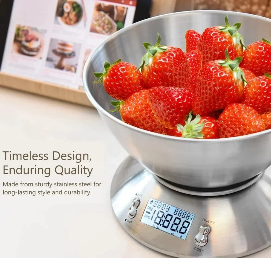 ترازوی دیجیتال آشپزخانه با کاسه استیل ضد زنگ جداشدنی | 5 کیلوگرم | حسگر دمای محیط | توزین دقیق | مدل S11 | نقره ای ترازوی دیجیتال آشپزخانه با کاسه استیل ضد زنگ جداشدنی | 5 کیلوگرم | حسگر دمای محیط | توزین دقیق | مدل S11 | نقره ای