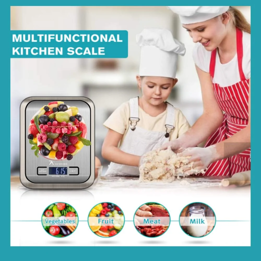 ترازوی دیجیتال آشپزخانه 5 کیلوگرمی – استیل ضد زنگ، مناسب پخت و پز و قهوه – دارای 4 سنسور، صفر کننده خودکار، خاموش شدن خودکار – به همراه باتری