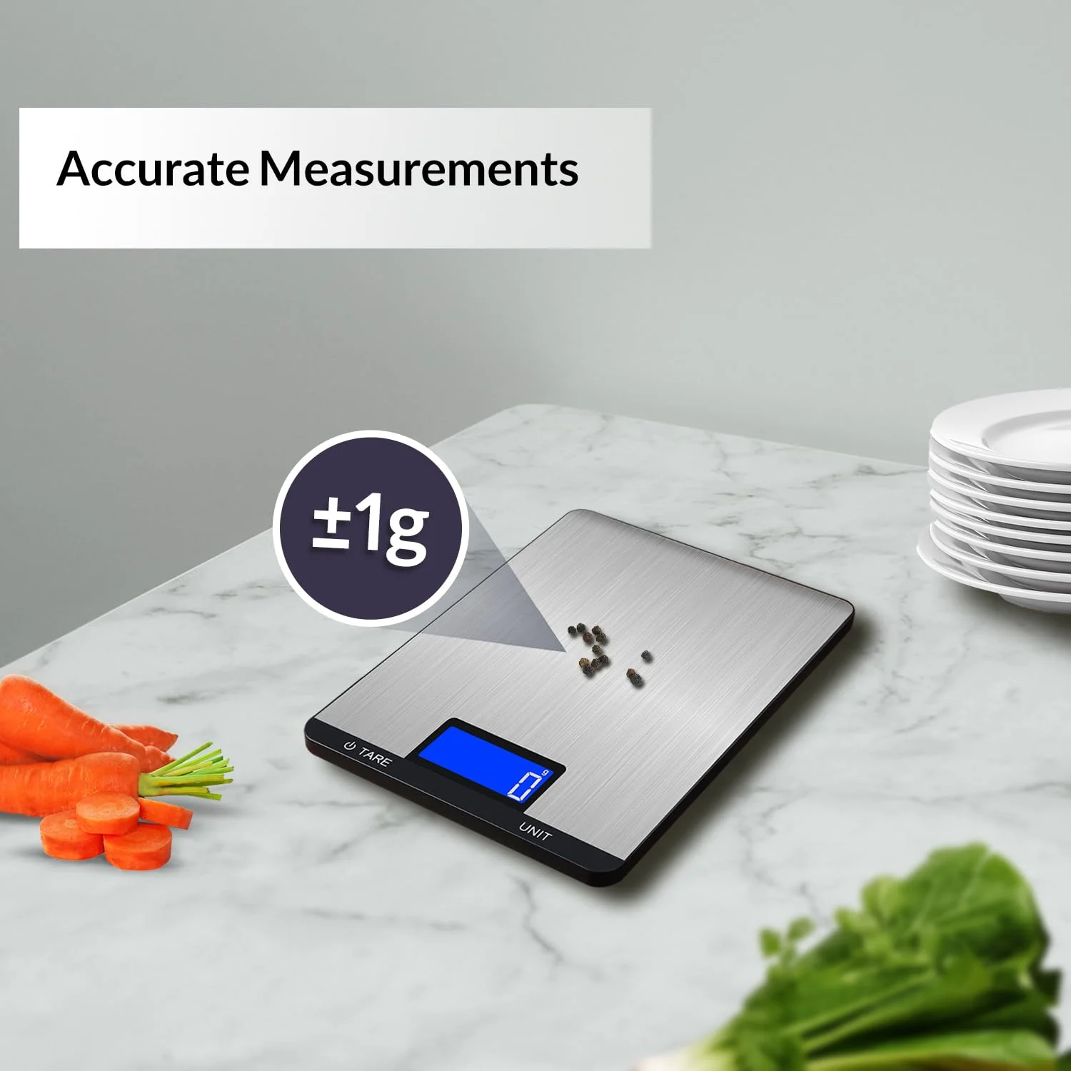 ترازوی آشپزخانه دیجیتال LEVADA PLUS 15 کیلوگرم/1 گرم با LCD، سطح استیل ضد زنگ، دکمه های لمسی، عملکرد تارا، واحدهای متعدد - ترازوی دقیق غذا برای پخت و پز، شیرینی پزی، قهوه - شامل باتری