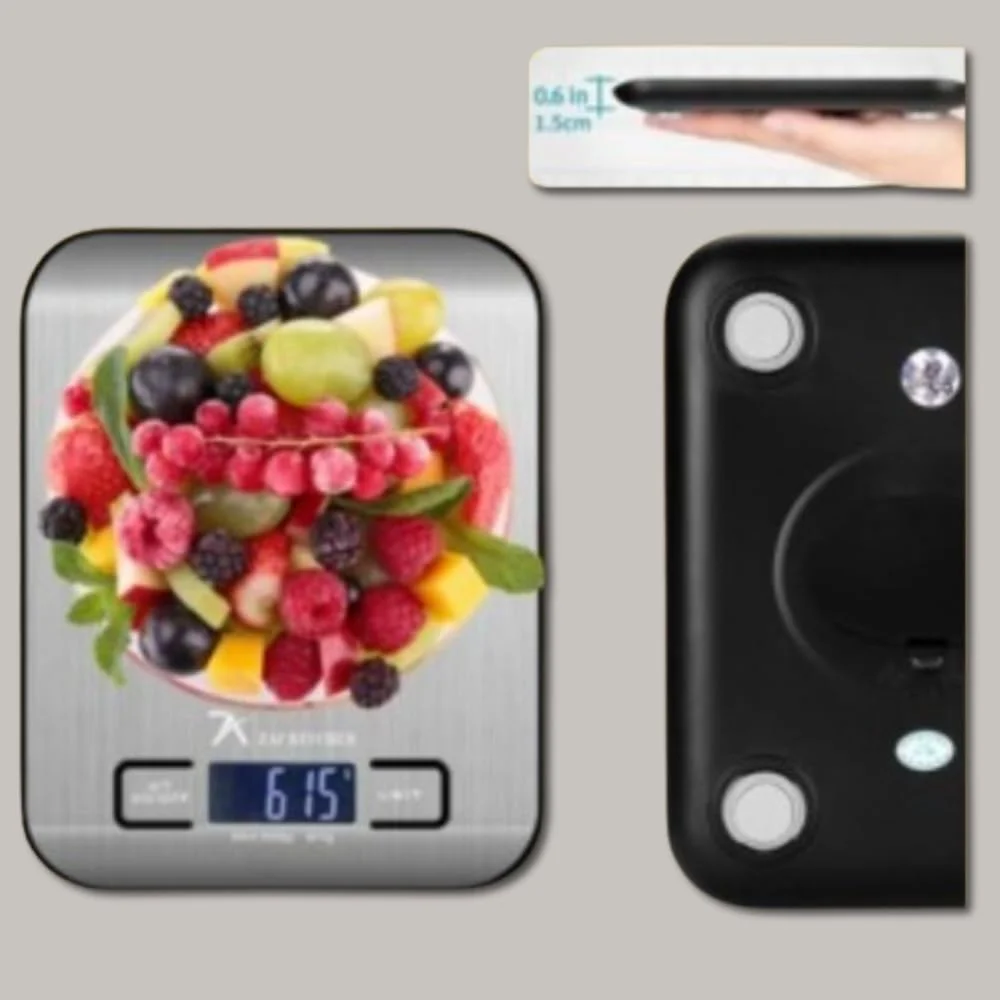 ترازوی دیجیتال آشپزخانه 5 کیلوگرمی – استیل ضد زنگ، مناسب پخت و پز و قهوه – دارای 4 سنسور، صفر کننده خودکار، خاموش شدن خودکار – به همراه باتری