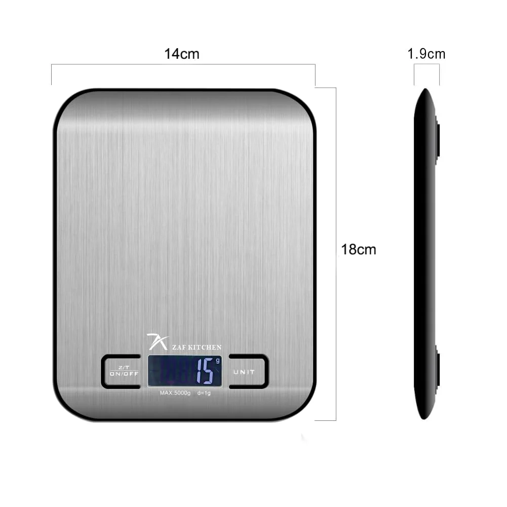 ترازوی دیجیتال آشپزخانه 5 کیلوگرمی – استیل ضد زنگ، مناسب پخت و پز و قهوه – دارای 4 سنسور، صفر کننده خودکار، خاموش شدن خودکار – به همراه باتری