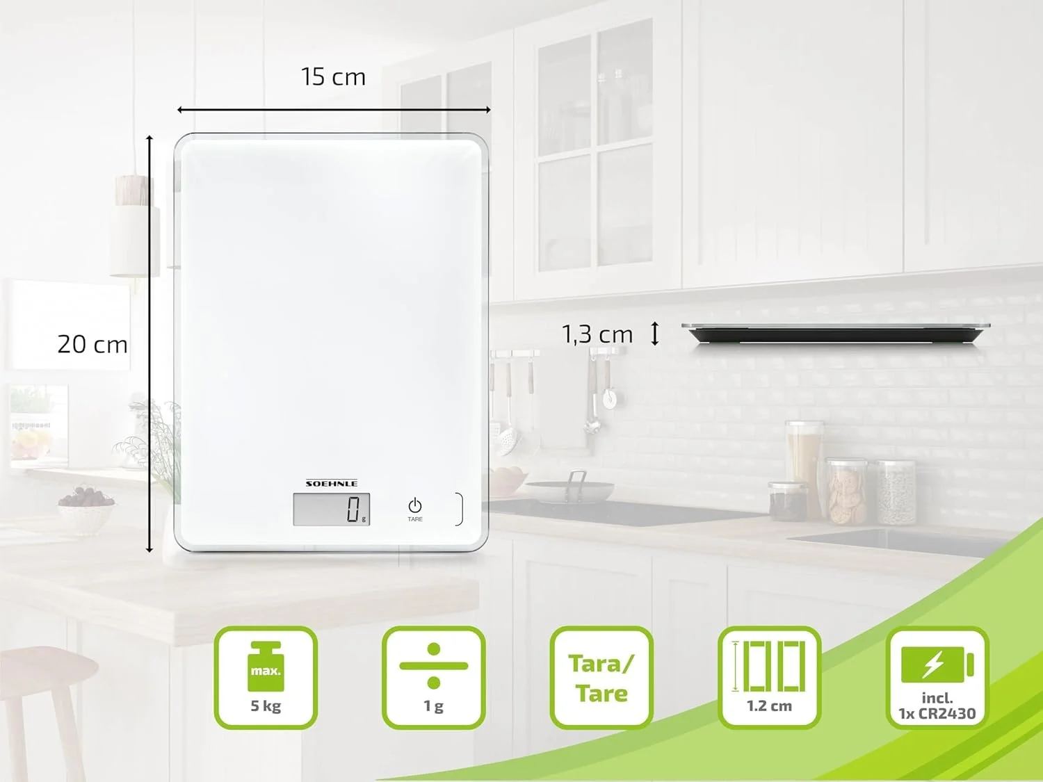 ترازوی آشپزخانه سونله مدل Page Compact 300، ترازوی دیجیتال آشپزخانه تا ظرفیت 5 کیلوگرم، ترازو با صفحه نمایش LCD خوانا، ترازوی دیجیتال با عملکرد تارا