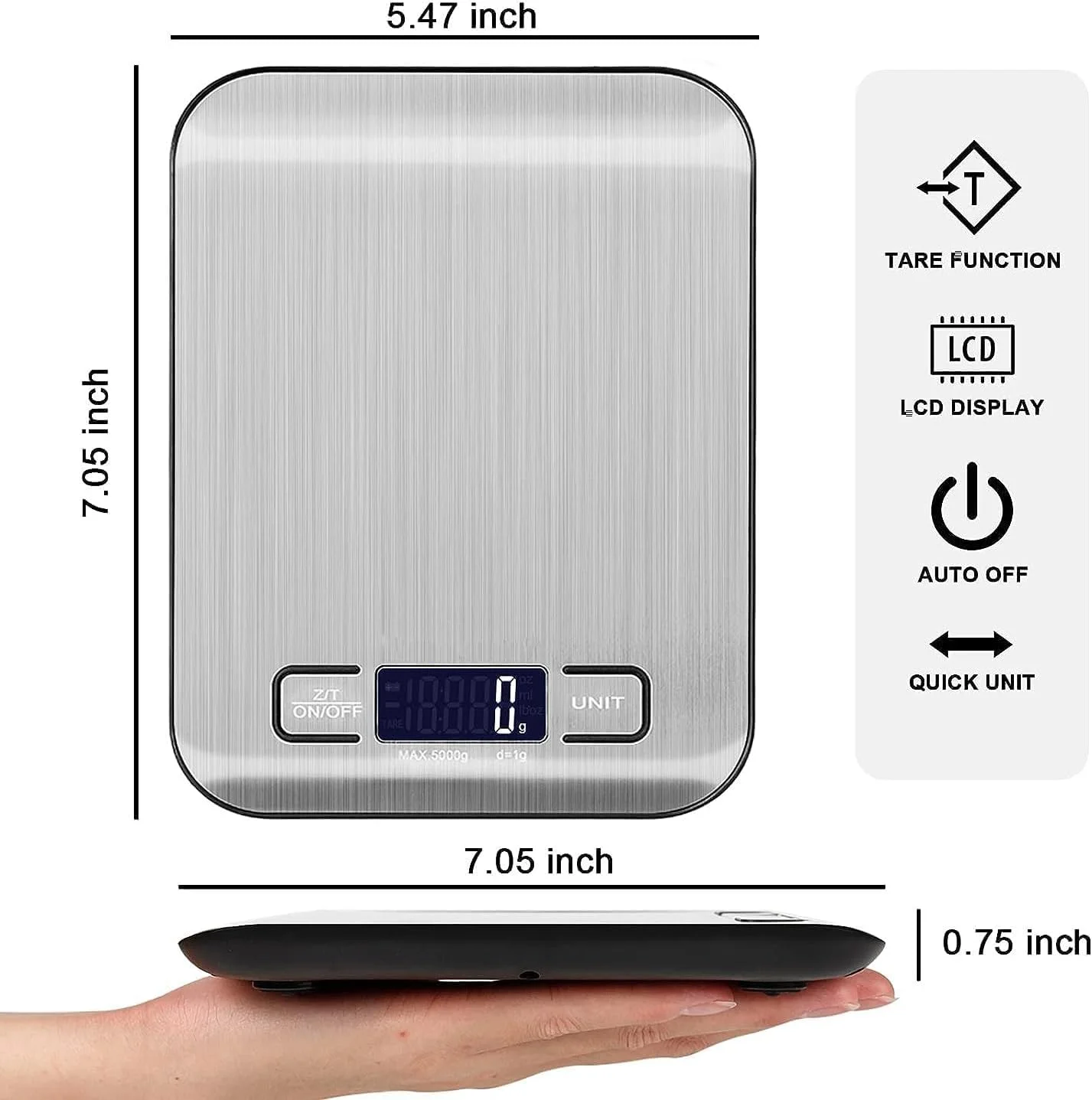 ترازوی آشپزخانه McMola، 5 کیلوگرم/11 پوند، ترازوی دیجیتال چند منظوره با دقت 1 گرم/0.01 اونس - صفحه استیل ضد زنگ با صفحه نمایش LCD دارای نور پس زمینه برای پخت و پز، شیرینی پزی و ارسال مرسولات - نقره ای