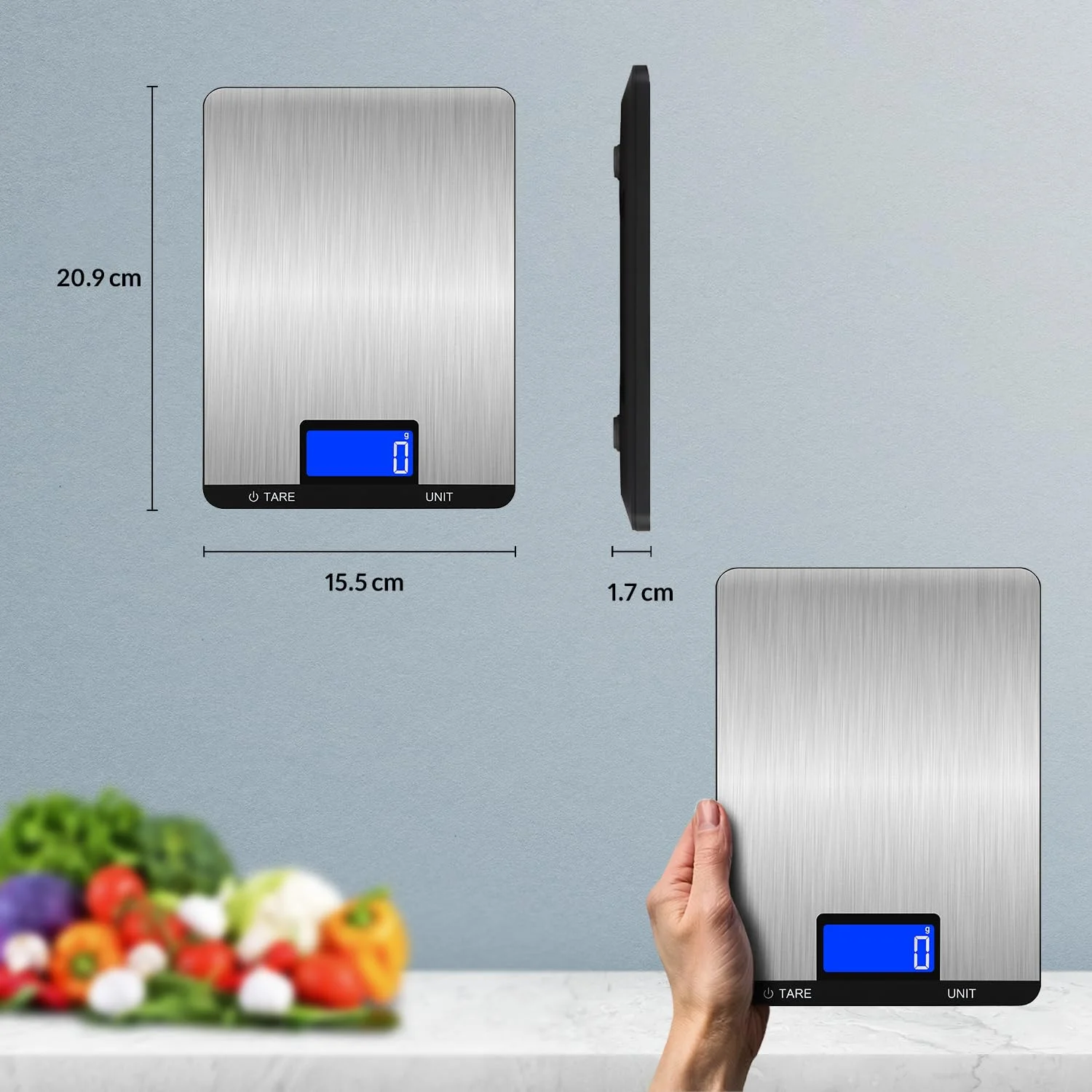 ترازوی آشپزخانه دیجیتال LEVADA PLUS 15 کیلوگرم/1 گرم با LCD، سطح استیل ضد زنگ، دکمه های لمسی، عملکرد تارا، واحدهای متعدد - ترازوی دقیق غذا برای پخت و پز، شیرینی پزی، قهوه - شامل باتری