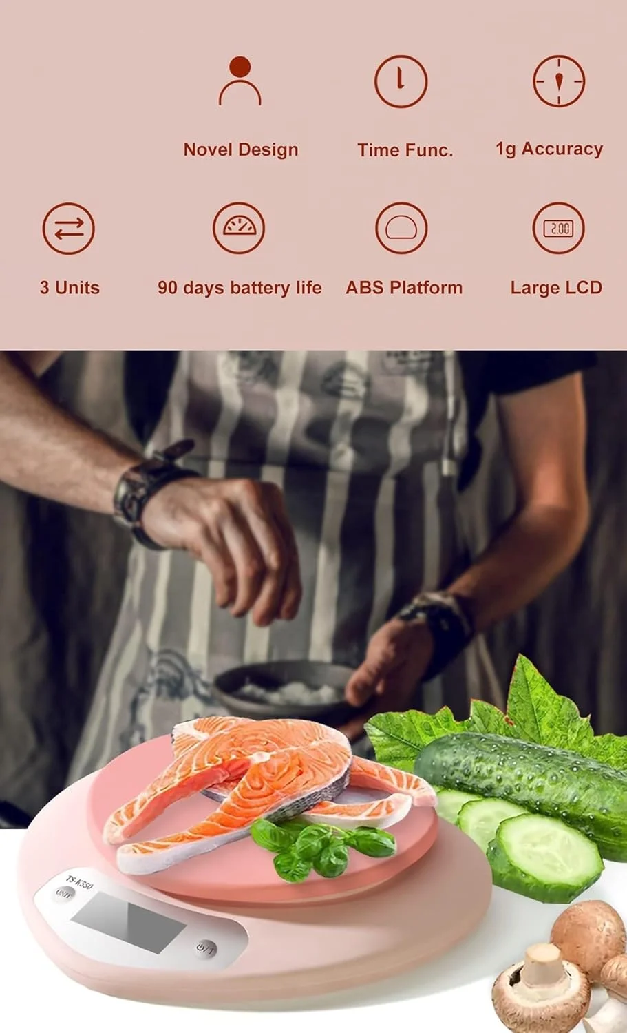 ترازوی آشپزخانه آزونه صورتی 5 کیلوگرم/1 گرم - ترازوی مواد غذایی با LCD بزرگ، عملکرد تارا، دقت 0.03 اونس، وزن کشی در واحدهای گرم/میلی لیتر/اونس/پوند برای پخت و پز، مایعات و جامدات (ظرفیت 5 کیلوگرم)