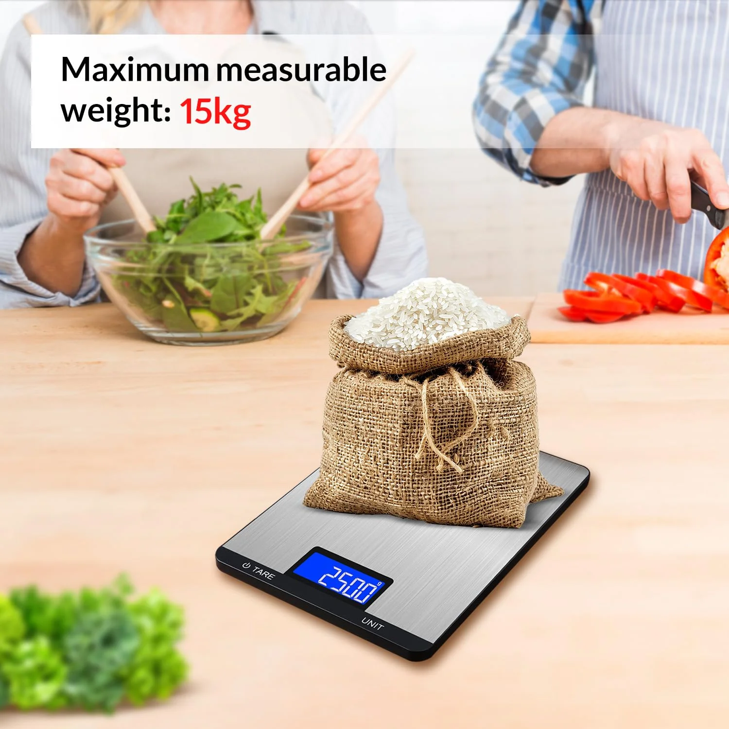 ترازوی آشپزخانه دیجیتال LEVADA PLUS 15 کیلوگرم/1 گرم با LCD، سطح استیل ضد زنگ، دکمه های لمسی، عملکرد تارا، واحدهای متعدد - ترازوی دقیق غذا برای پخت و پز، شیرینی پزی، قهوه - شامل باتری