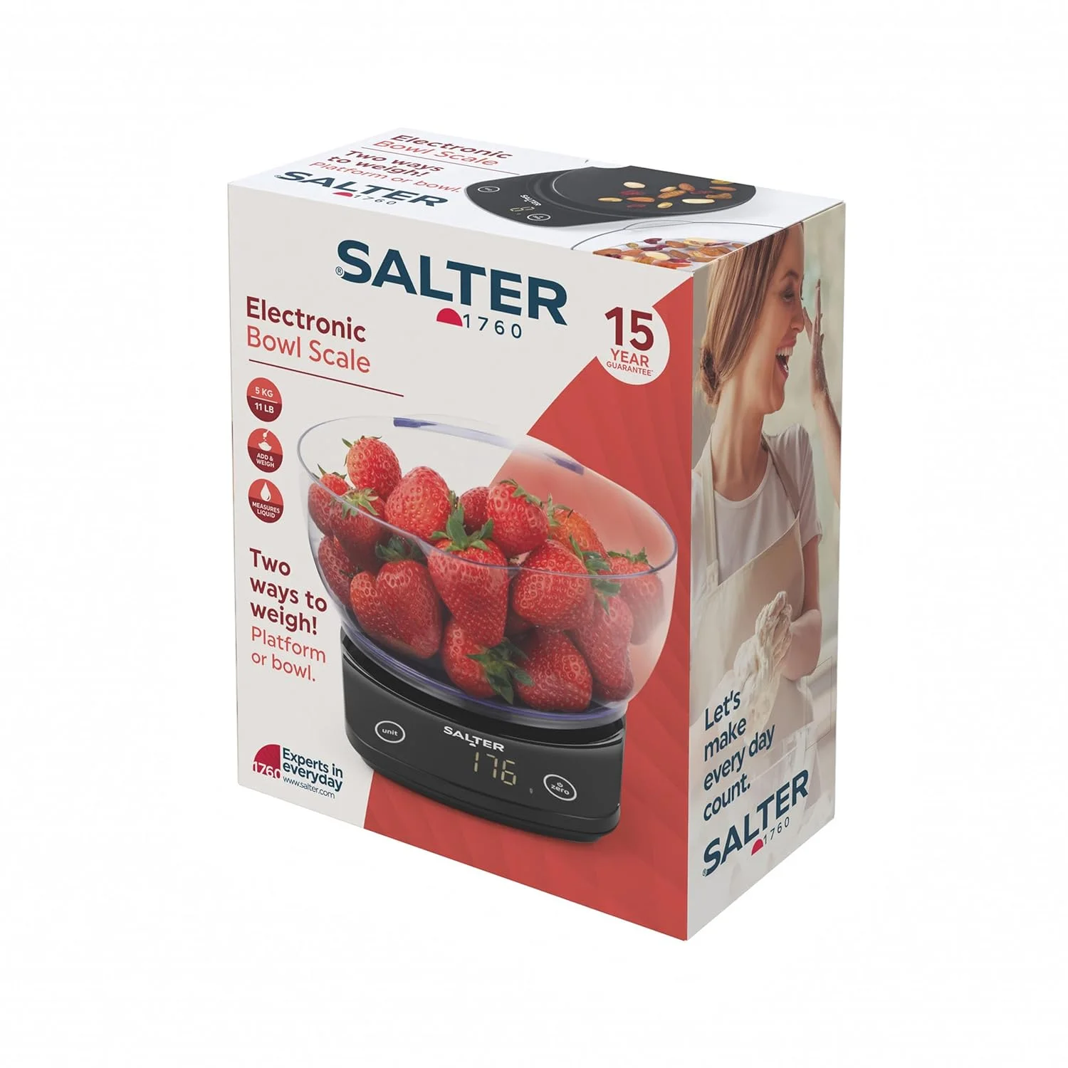 ترازوی آشپزخانه دیجیتال سالتر - ترازوی غذای الکترونیکی با کاسه 1.8 لیتری، اندازه گیری مایعات، افزودن و وزن کردن مواد مرطوب و خشک، دارای دهانه آسان ریز، ظرفیت 5 کیلوگرم/11 پوند، صفحه نمایش LCD با خوانایی آسان، شامل باتری ترازوی آشپزخانه دیجیتال سالتر - ترازوی غذای الکترونیکی با کاسه 1.8 لیتری، اندازه گیری مایعات، افزودن و وزن کردن مواد مرطوب و خشک، دارای دهانه آسان ریز، ظرفیت 5 کیلوگرم/11 پوند، صفحه نمایش LCD با خوانایی آسان، شامل باتری