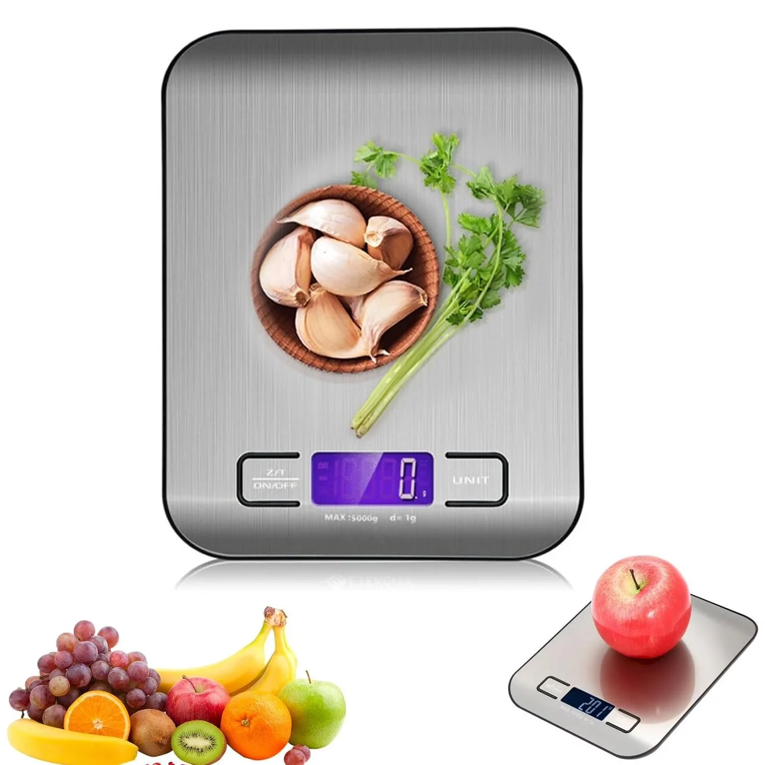 ترازوی دیجیتال آشپزخانه AMERTEER، ترازوی دیجیتال با دقت بالا برای غذا، اندازه گیری بر حسب گرم و اونس برای پخت و پز، 5 واحد با عملکرد تارا، ترازوی وزن مواد غذایی با سطح استیل ضد زنگ (نقره ای)