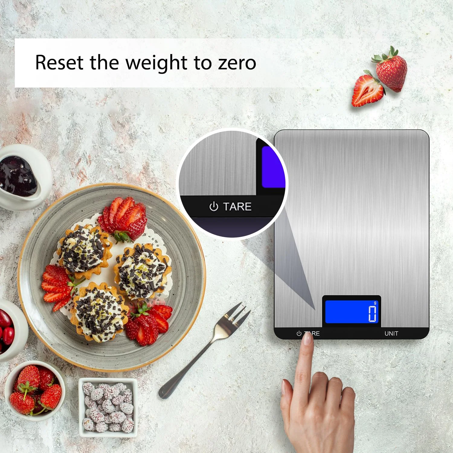 ترازوی آشپزخانه دیجیتال LEVADA PLUS 15 کیلوگرم/1 گرم با LCD، سطح استیل ضد زنگ، دکمه های لمسی، عملکرد تارا، واحدهای متعدد - ترازوی دقیق غذا برای پخت و پز، شیرینی پزی، قهوه - شامل باتری