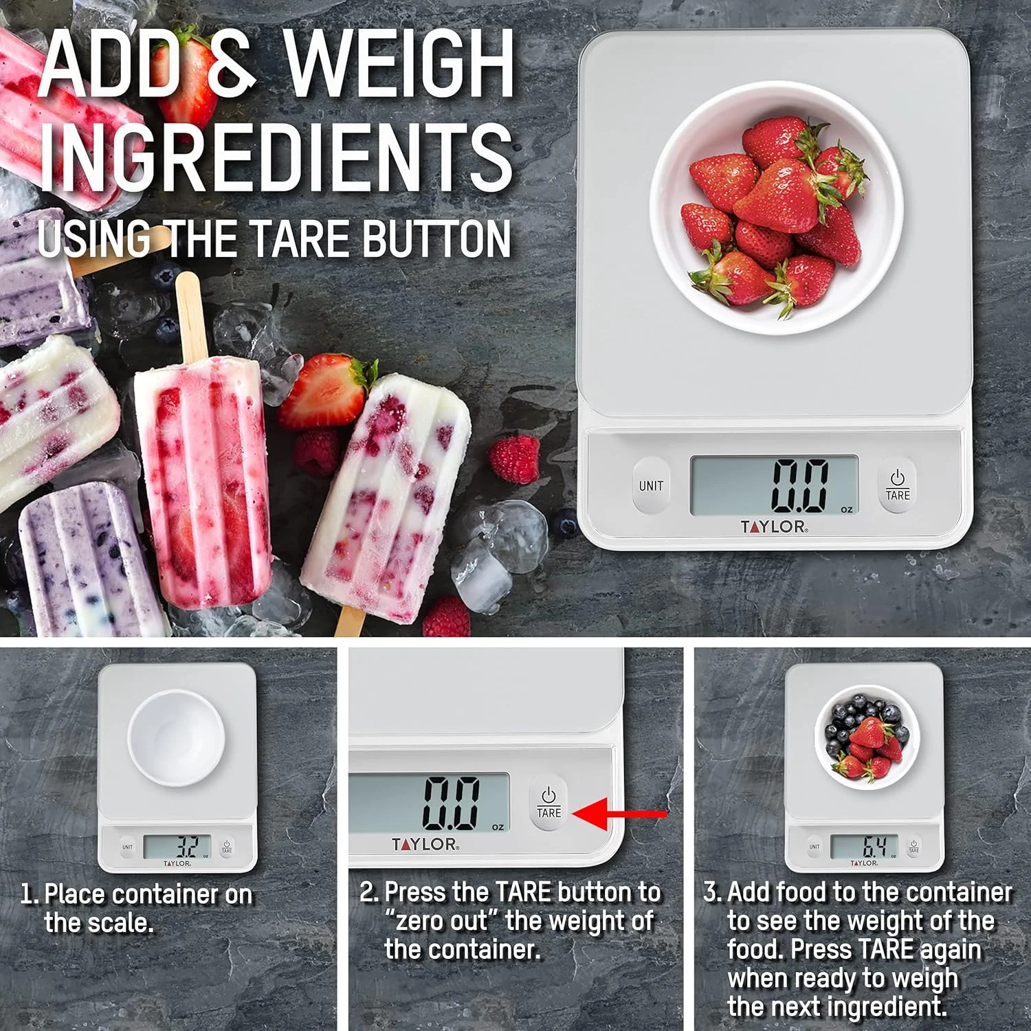 ترازوی آشپزخانه شیشه ای تیلور با دکمه های کنترل لمسی، ظرفیت 5 کیلوگرم، نقره ای