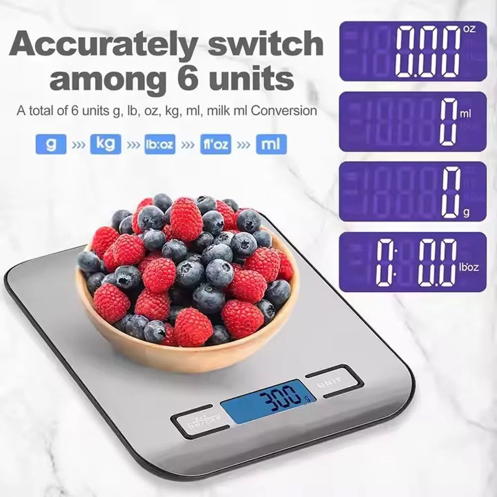 ترازوی دیجیتال آشپزخانه AMERTEER، ترازوی دیجیتال با دقت بالا برای غذا، اندازه گیری بر حسب گرم و اونس برای پخت و پز، 5 واحد با عملکرد تارا، ترازوی وزن مواد غذایی با سطح استیل ضد زنگ (نقره ای)