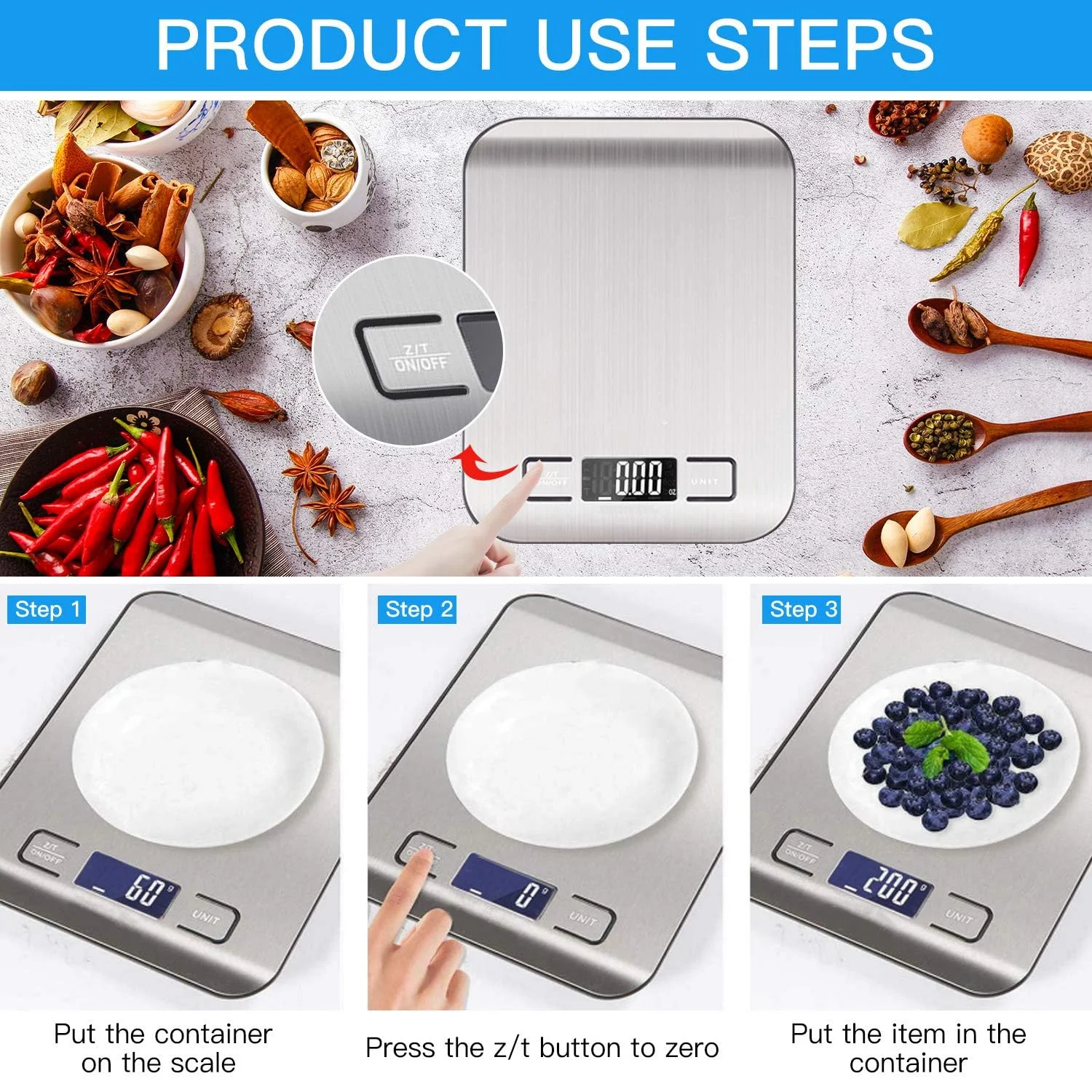 ترازوی دیجیتال آشپزخانه AMERTEER، ترازوی دیجیتال با دقت بالا برای غذا، اندازه گیری بر حسب گرم و اونس برای پخت و پز، 5 واحد با عملکرد تارا، ترازوی وزن مواد غذایی با سطح استیل ضد زنگ (نقره ای)