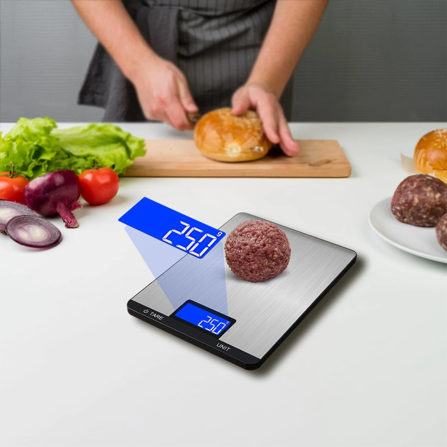 ترازوی آشپزخانه دیجیتال LEVADA PLUS 15 کیلوگرم/1 گرم با LCD، سطح استیل ضد زنگ، دکمه های لمسی، عملکرد تارا، واحدهای متعدد - ترازوی دقیق غذا برای پخت و پز، شیرینی پزی، قهوه - شامل باتری